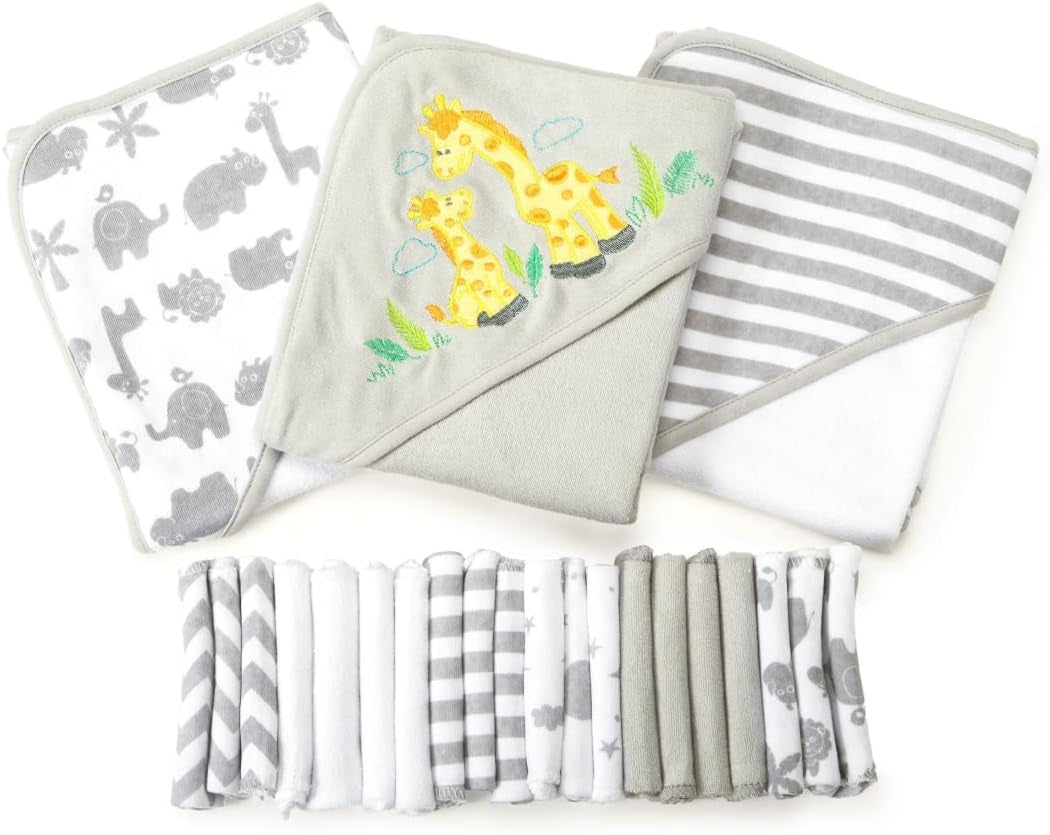 Spasilk 23-Piece Soft Terry Hooded Bath Towel and Washcloth Gift Set, 3 Baby Towels and 20 Baby Washcloths for Unisex Newborn Bath Essentials, Ideal, Gray Giraffe Safari