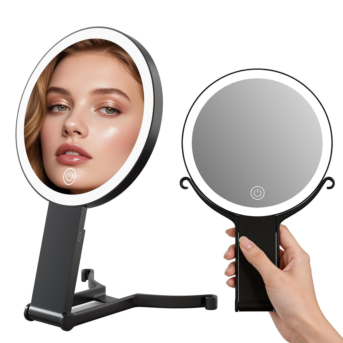 Handheld Makeup Mirror with Lights, 10X/1X Double Sided Magnifying Mirror