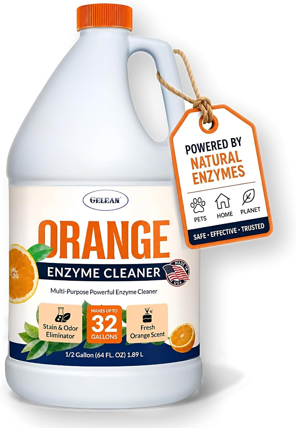 Multi-Purpose Probiotic Enzyme Orange Cleaner, 1/2 Gallon (64 Oz.) - Pet Stain and Odor Remover - Concentrated - Professional & Home Strength Drains, Floors, Bathrooms, Toilets Trash Can, Made in USA