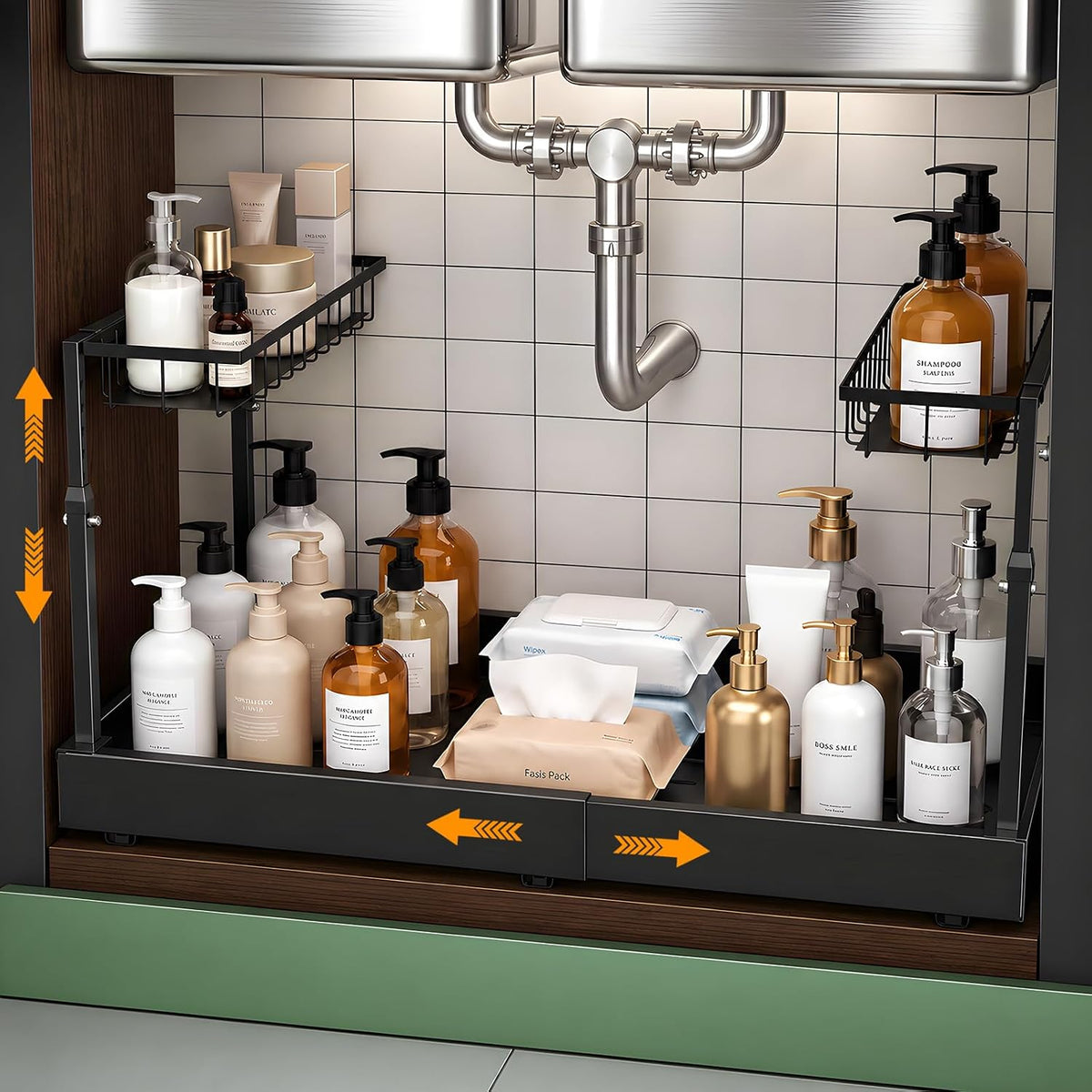 Under Sink Organizer, 2-Tier Slide Out Kitchen Storage Metal Shelf, Black