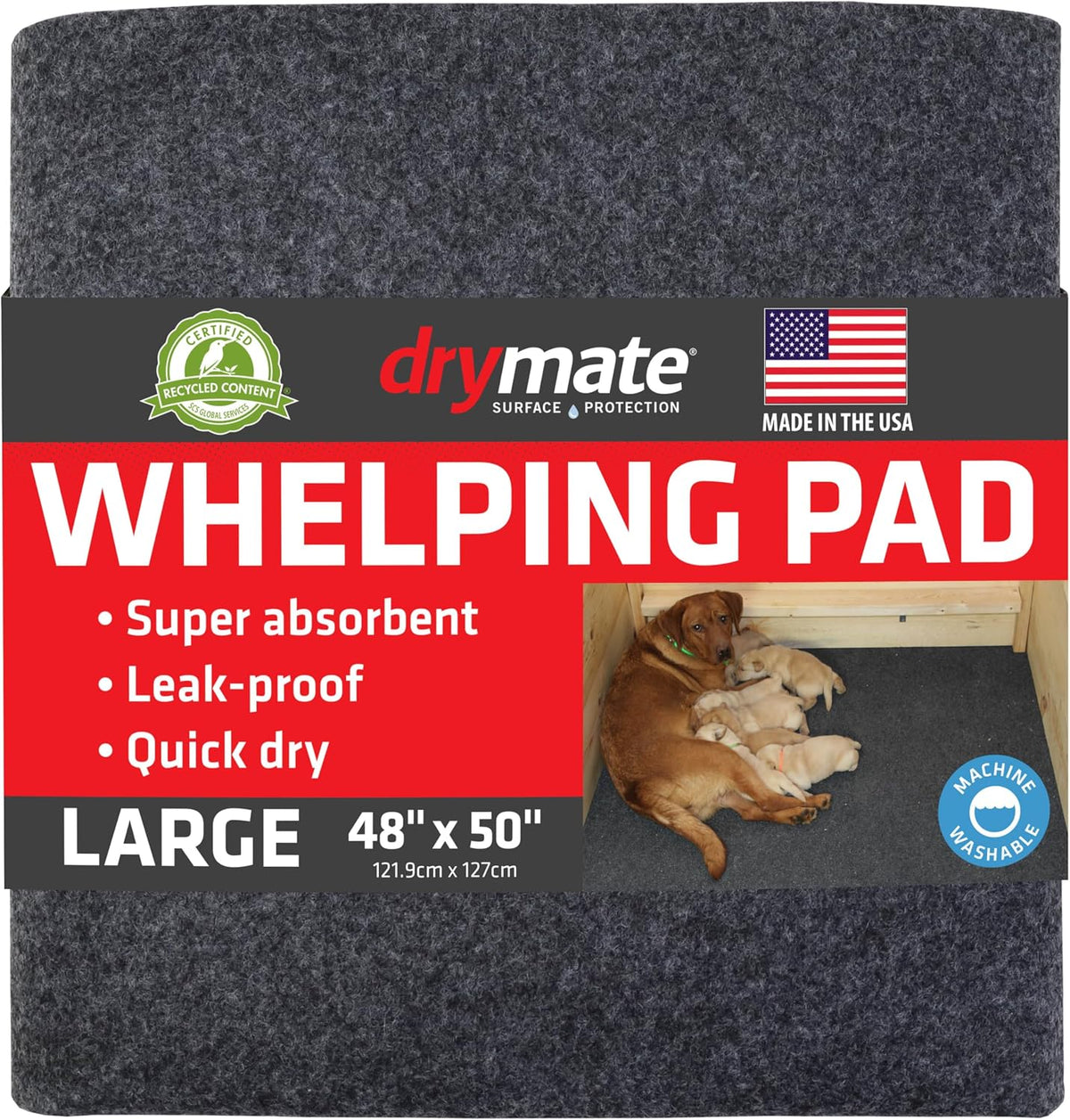 Drymate Whelping Box Liner Mat, Machine Washable, Super Absorbent, Waterproof, Quick Dry, Slip-Resistant, Reusable Dog Puppy Pee Pads for Training, Housebreaking, Incontinence, Crate (USA Made)(48X50)