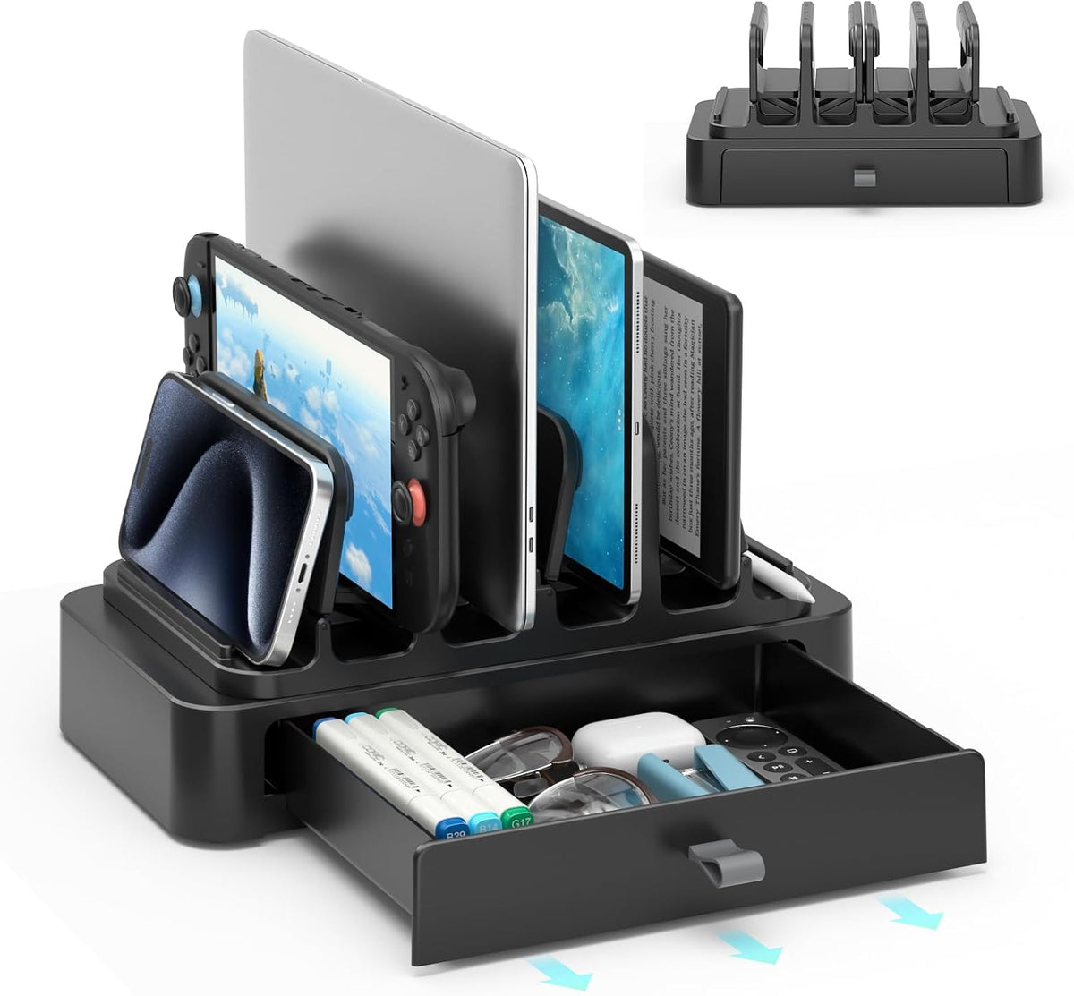 KDD Vertical Laptop Stand with Drawer - 7-In-1 Space-Saving Laptop Holder with Gravity Locking Fits Macbook, Dell, HP, Chromebook, Surface Pro, Tablet, Cell Phone, Switch, Keyboard Desktop Organizer