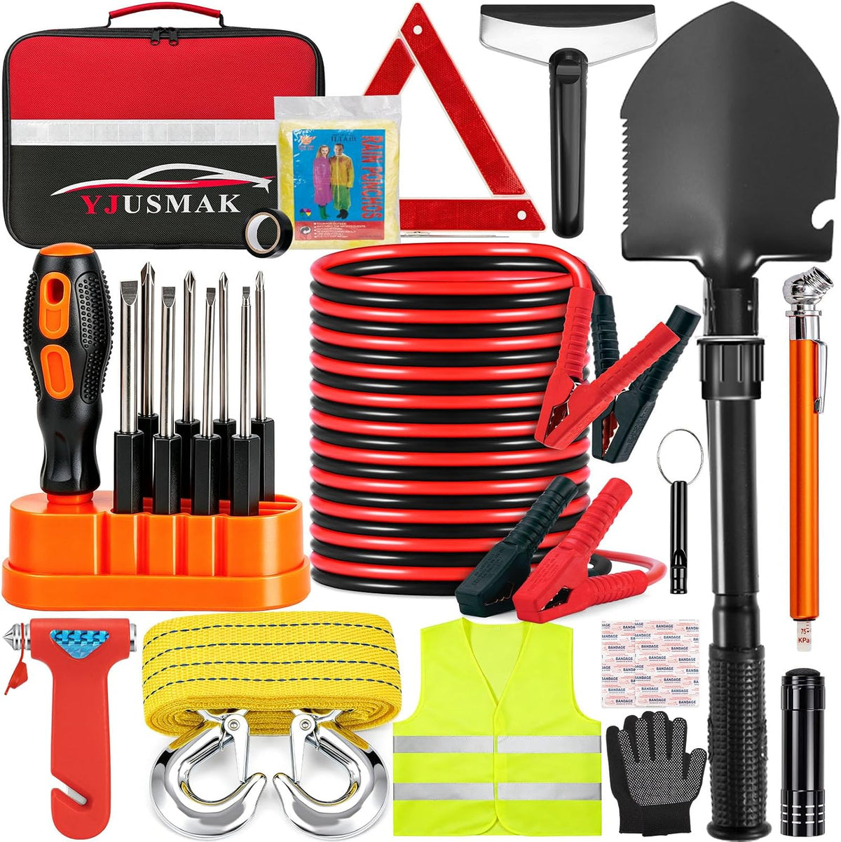 Car Roadside Emergency Kit with Jumper Cables, Shovel, 10-In-1 Tool Set