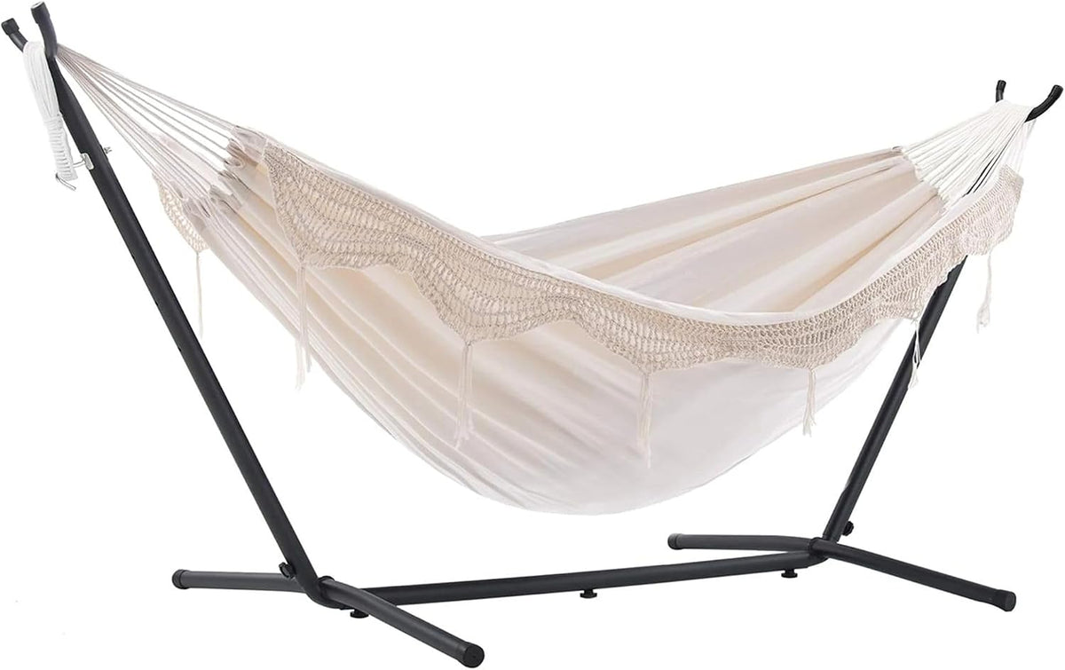 Vivere Double Cotton Hammock with Space Saving Steel Stand, Upgraded Polyester End Strings 450 Lb Capacity - Premium Carry Bag Included (Natural)