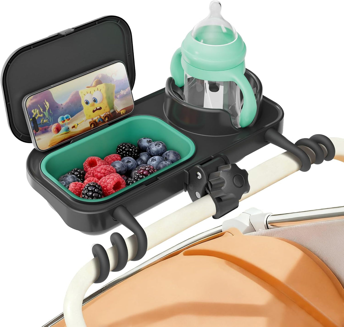 Universal Stroller Snack Tray, Cup Holder & Removable Silicone Tray