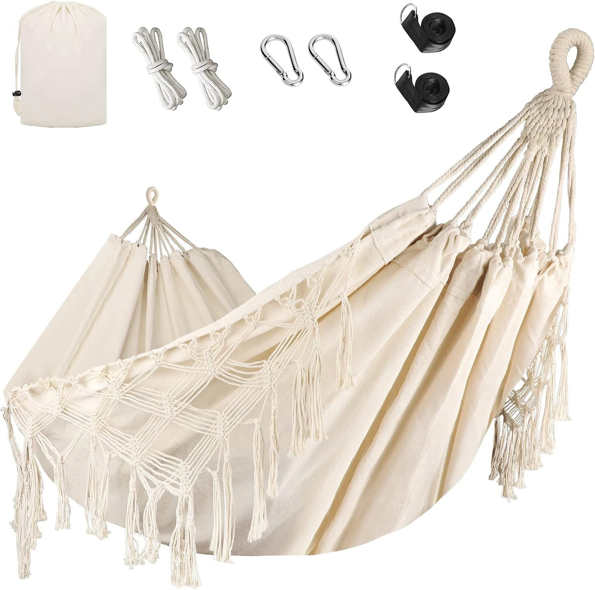 Bellzacasa Double Hammock, Heavy Duty 500 Lb Load Capacity Tassels and Fishtail Knitting Portable Camping Hammocks with Mounting Straps for Outdoor Camping Patio Balcony Beige