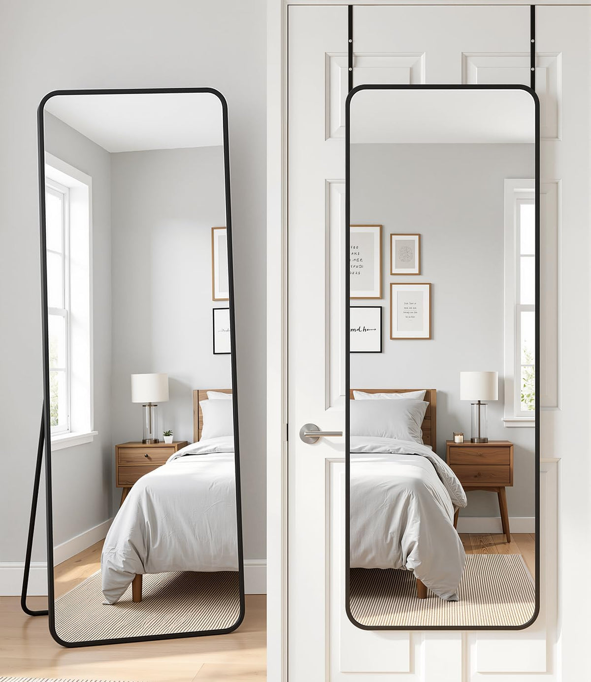 Antok 58"X20" over the Door Full Length Mirror, Hang or Floor Stand, Black