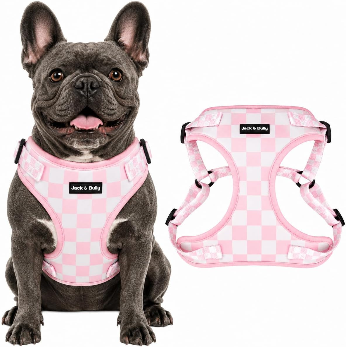 Jack & Bully No Pull Dog Harness for Frenchies - Step-In Adjustable Vest for Broad-Chested Breeds - Soft Neoprene, Machine Washable Breathable Mesh - Pink Checkered (Medium)