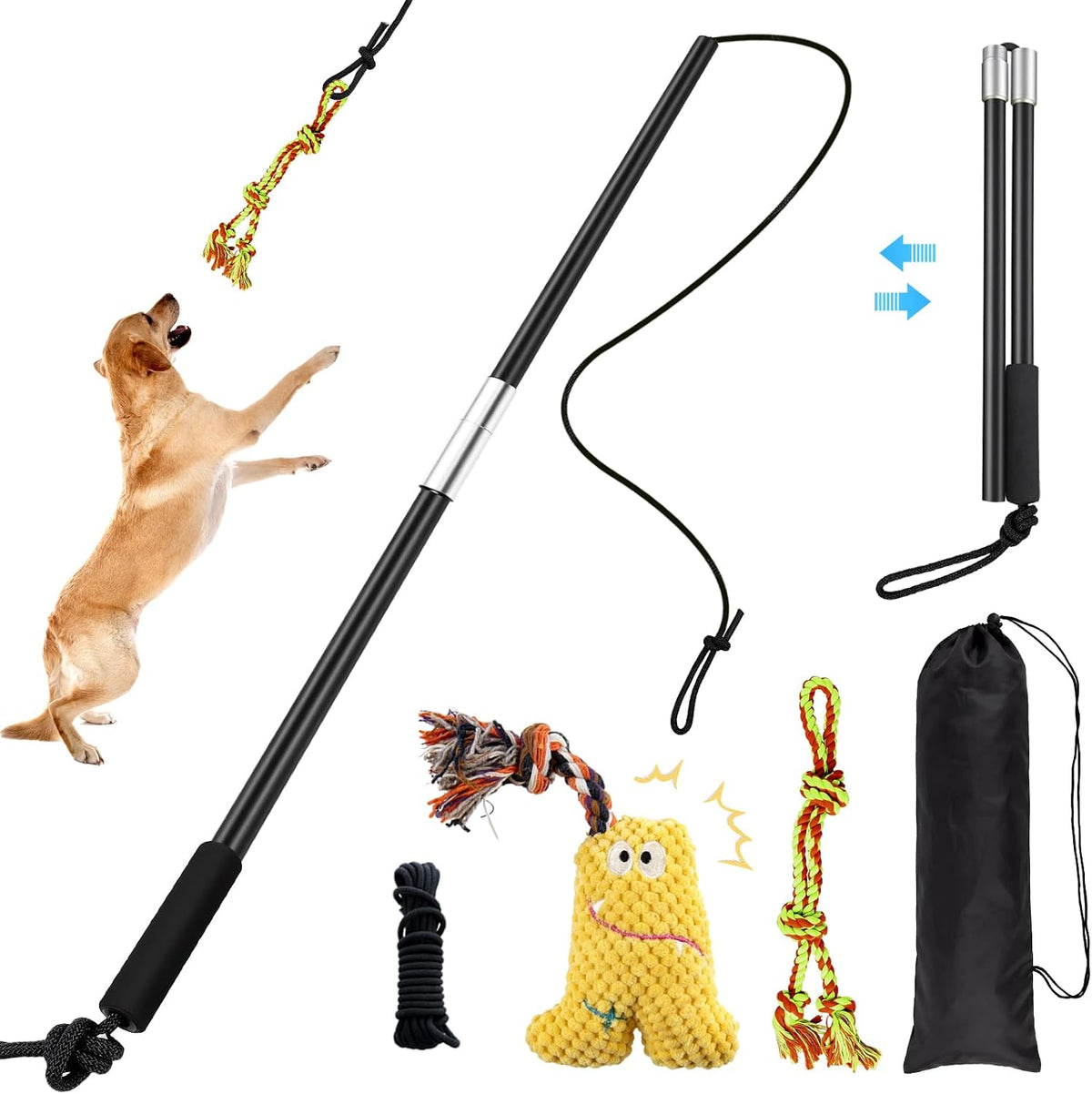 Flirt Pole for Dogs with Squeaker & Rope – Includes XL Carry Bag