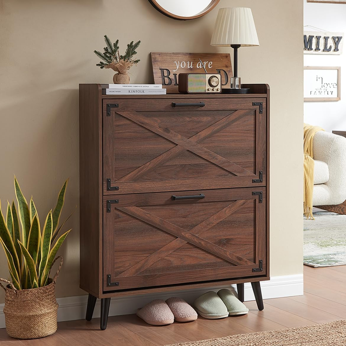 Barnyatoh Farmhouse Shoe Storage Cabinet with 2 Flip Drawers & Barn Door