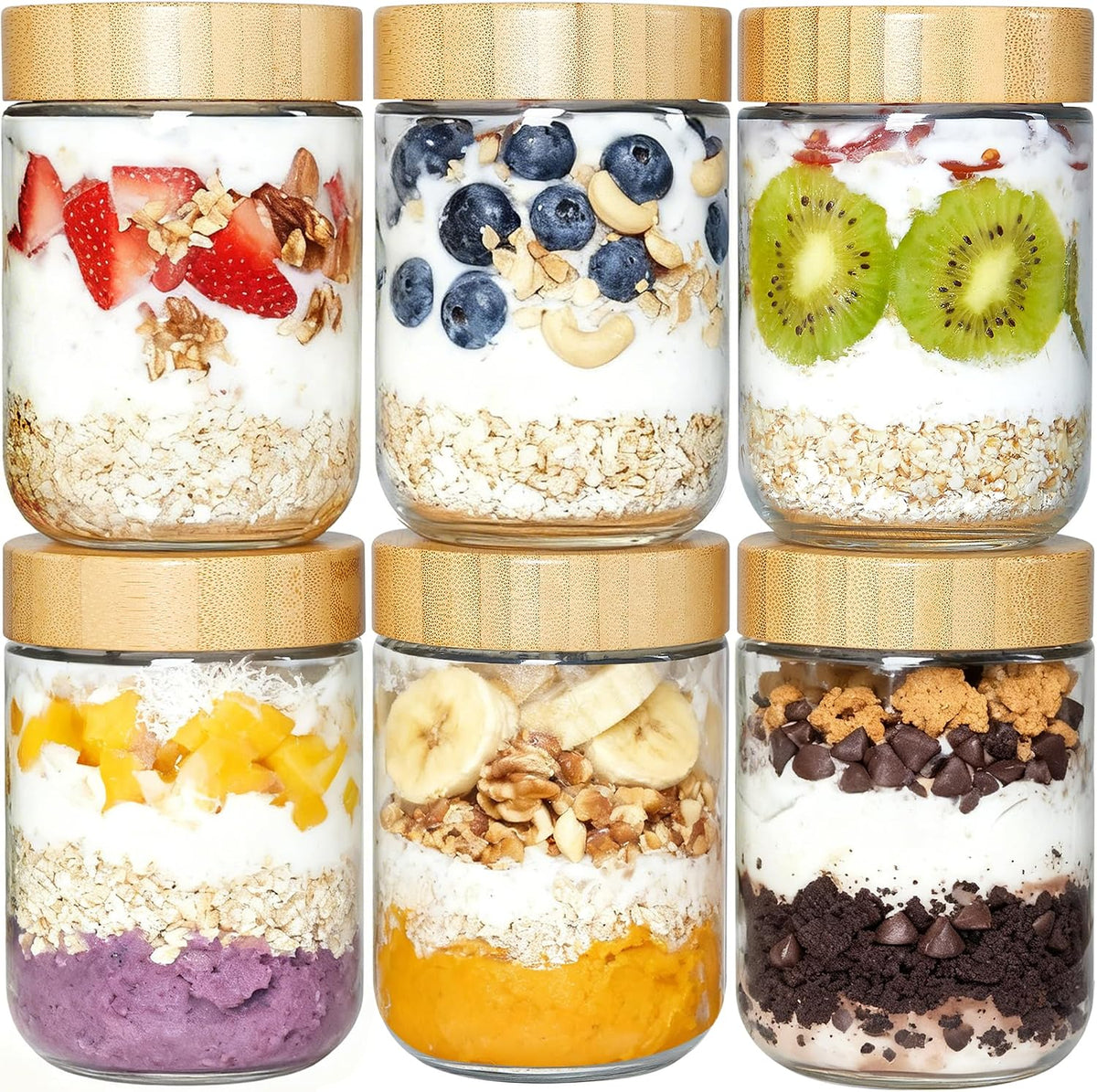 Vtopmart 6 Pack 16Oz Glass Overnight Oats Containers with Bamboo Lids