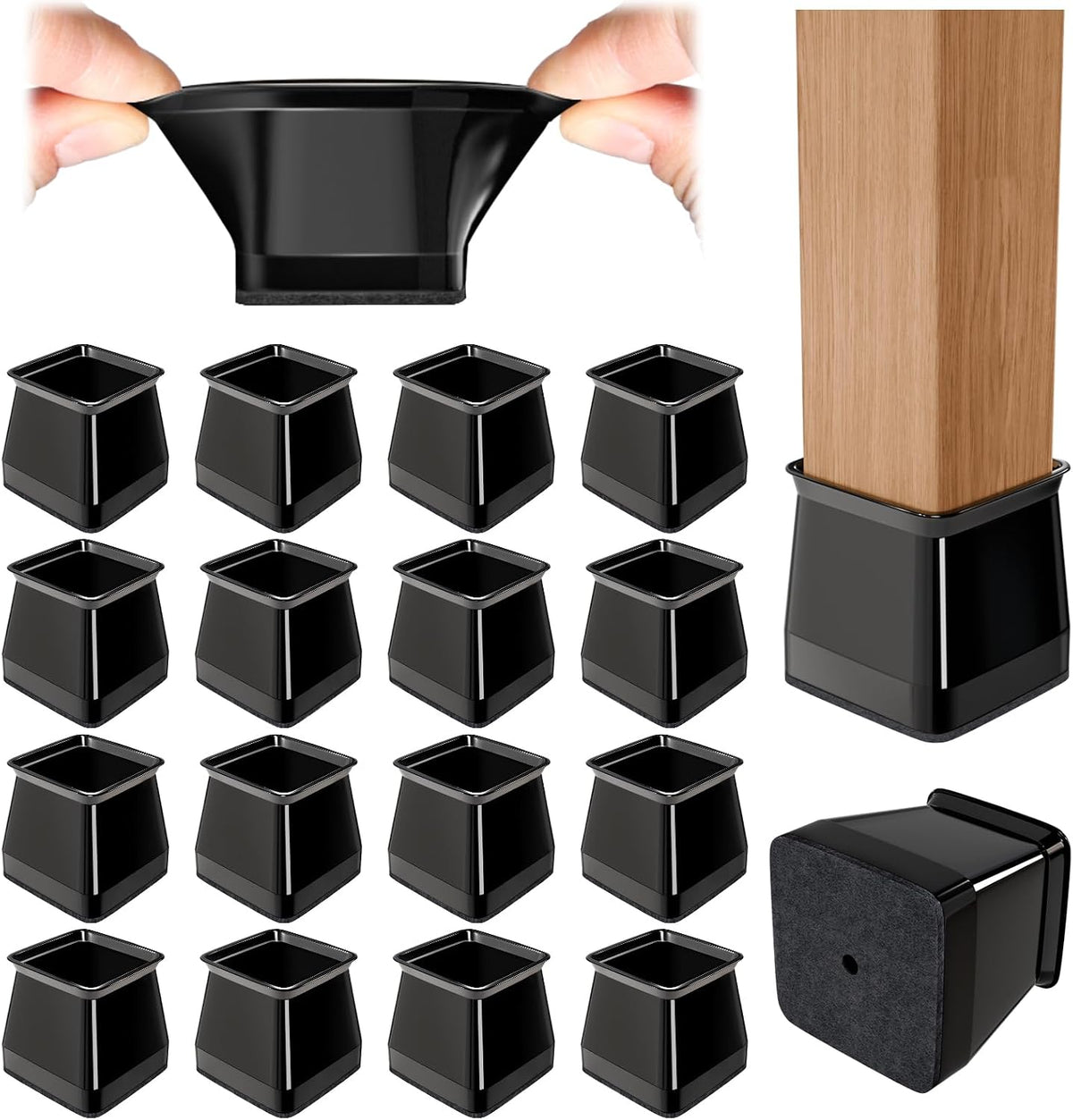 Chair Leg Floor Protectors for Hardwood Floors, Square, Black, 16PCS, Large