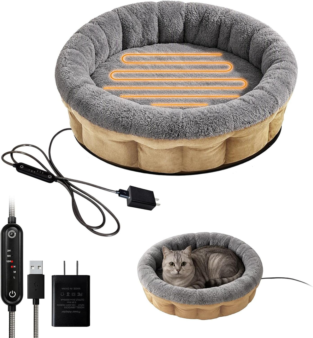5V Heated Pet Bed with Adapter, Dual-Sensor Safety, Cat & Dog, 20"