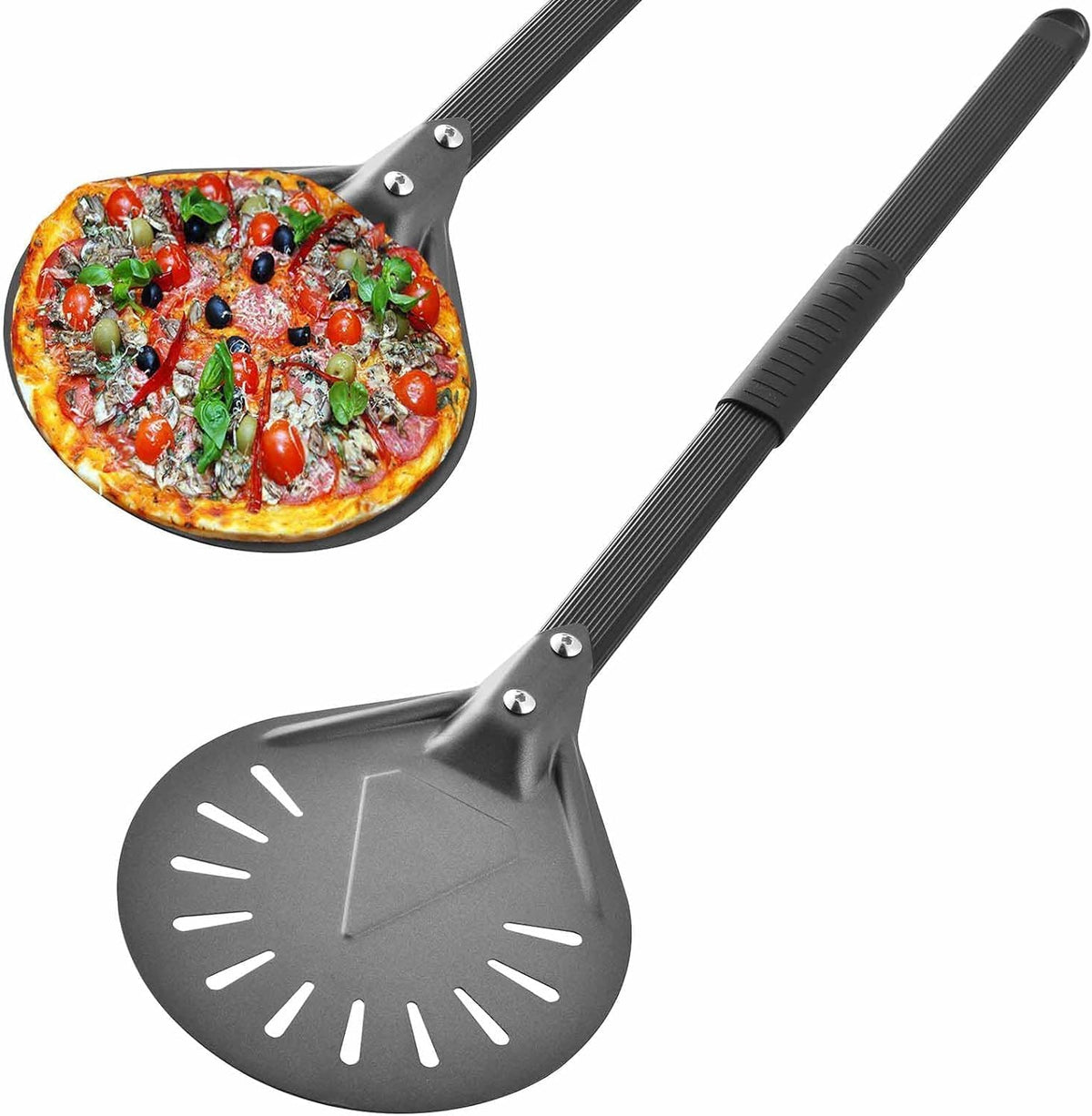 Pizza Turning Peel-8 Inch Pizza Turner Spinner, Perforated Aluminum Pizza Peel,Pizza Oven Accessories,Long Handle