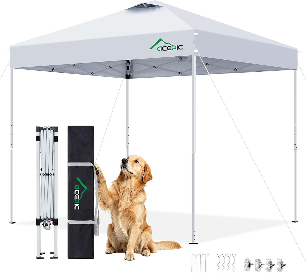 Acepic 8X8 Pop up Canopy Tent, Vented Top Portable Shelter, White, 8 * 8