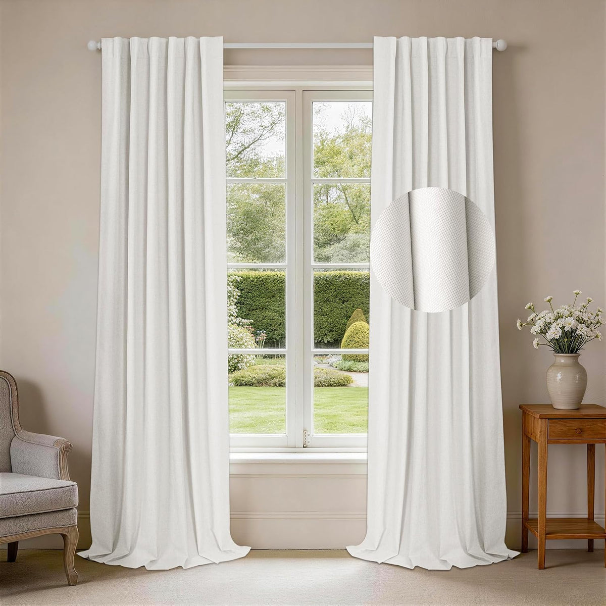 HESTIA 100% Blackout Linen-Like Curtains for Bedroom, White, 52" W X 108" L