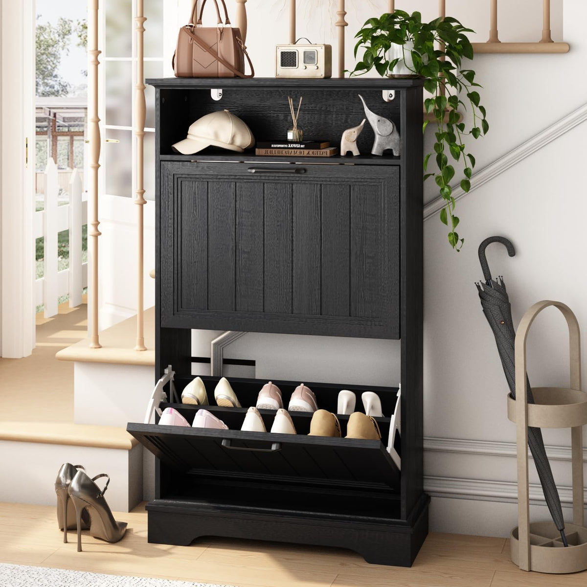 24" W Hidden Shoe Storage Cabinet with 2 Flip Drawers & Open Storage