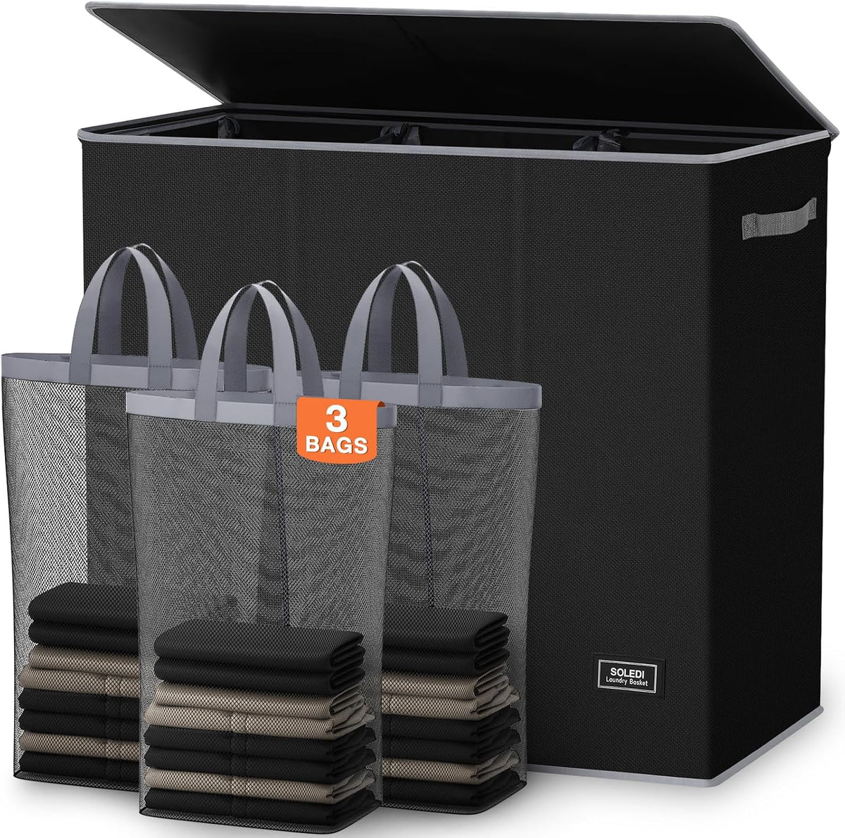 SOLEDI Large Laundry Hamper 3 Section with Lid, 180L Laundry Basket, Black