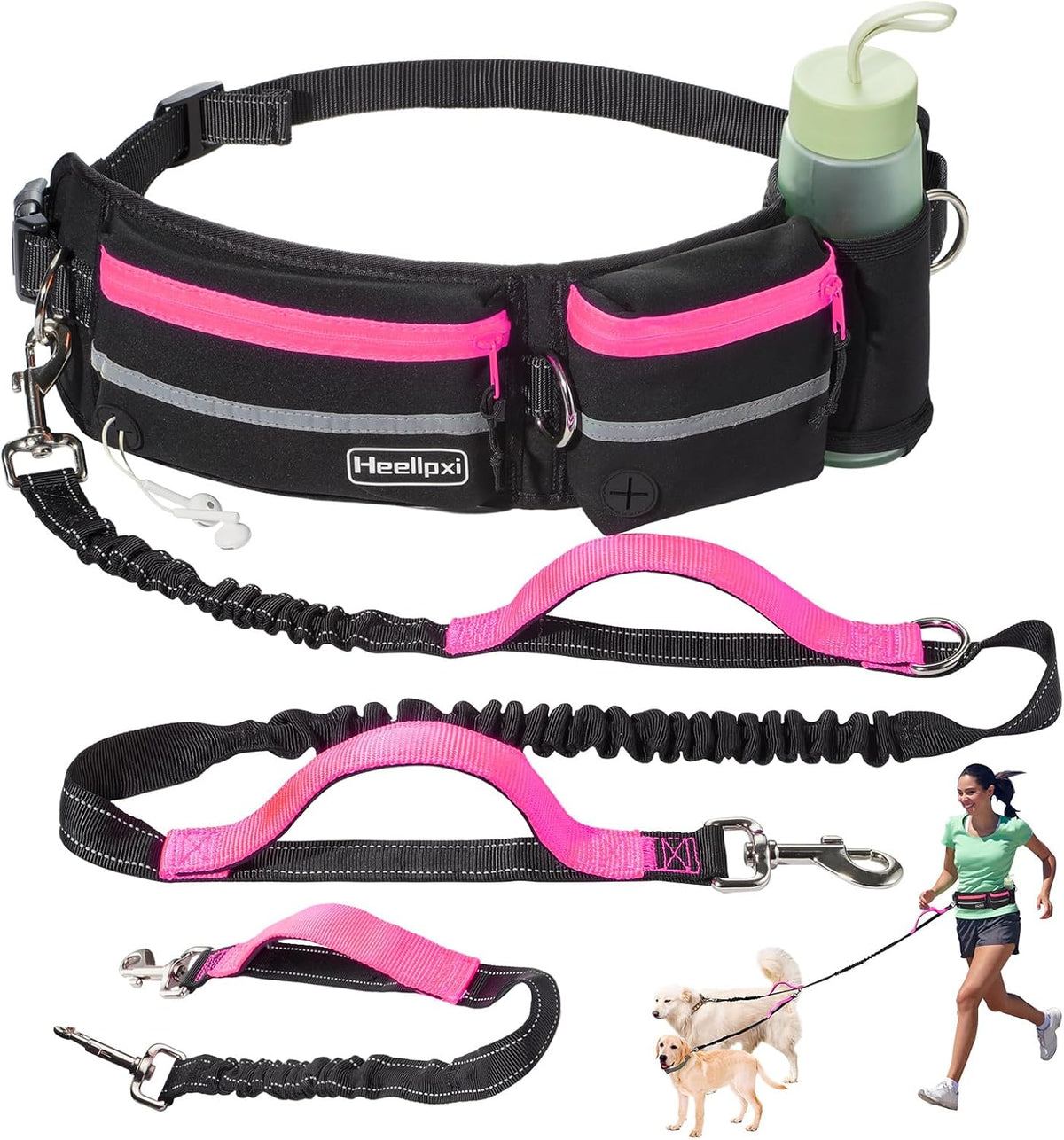 Hands-Free Dog Leash with Pouch, Waist Leash for Walking Two Dogs, Reflective Stitching, Dual Handle, Bungee Retractable for Medium to Large Dogs - Pink,Dog Walking Accessories