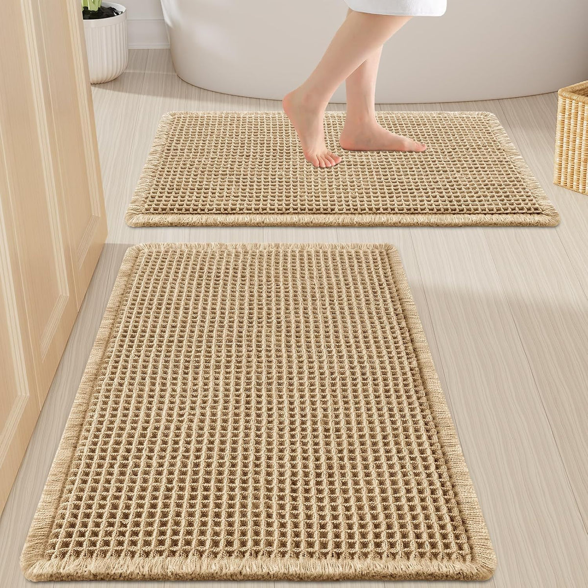 Smiry Waffle Bathroom Rugs Sets 2 Piece (30X20+24X16, Brown)