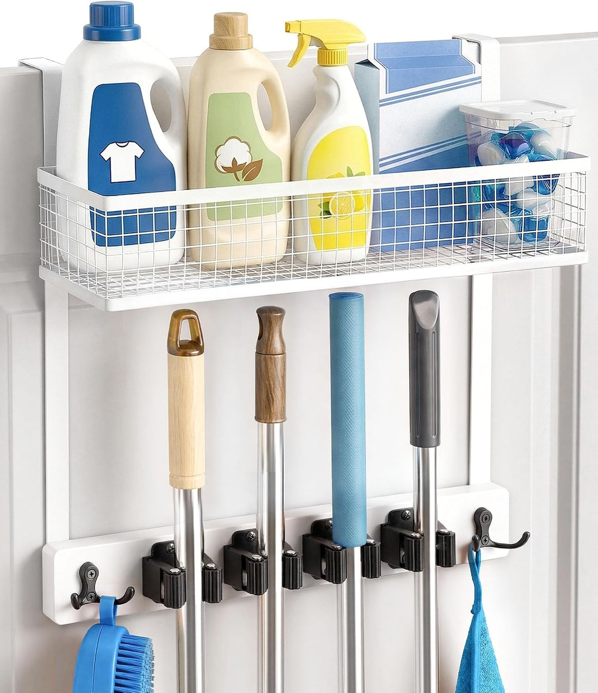 Lorbro over the Door Broom and Mop Holder with Basket, 4 Grips and 4 Hooks