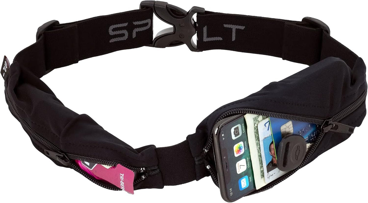 Spibelt Dual Pocket Pro Running Belt for Men Women, Expandable Pockets, Adjustable Waist, No Bounce, Black with Black Zipper