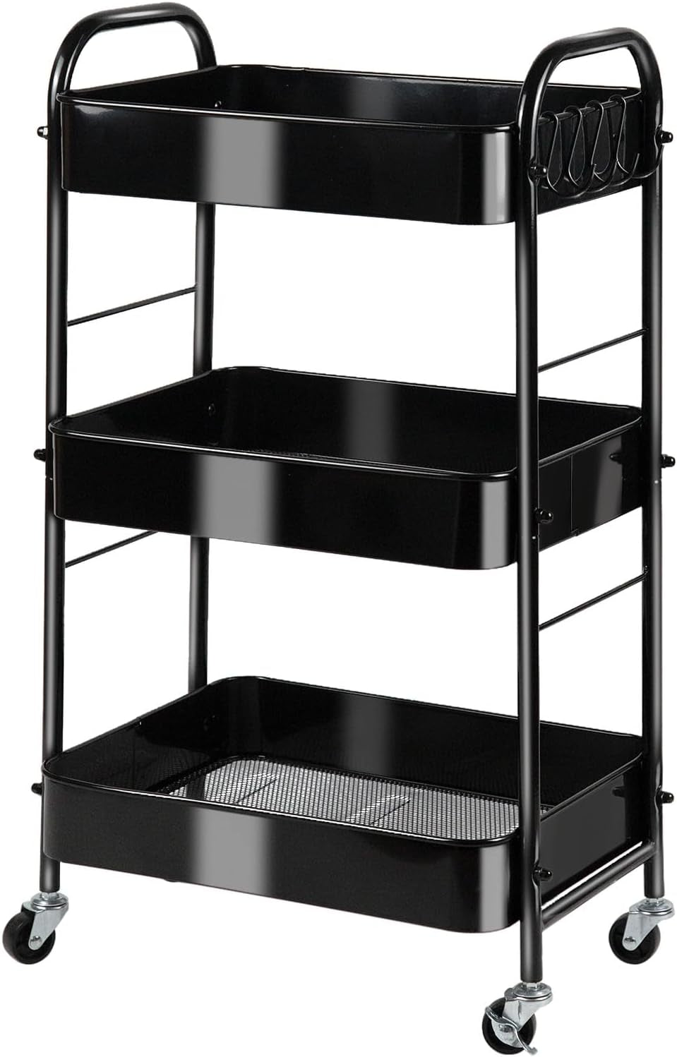 SUNLPH 3-Tier Rolling Utility Cart with Stopper Caster Wheels and 4 Hooks, Easy Assembly, for Kitchen, Bathroom, Living Room, Office (17.7”L X 12.2”W X 29.1”H, Black)