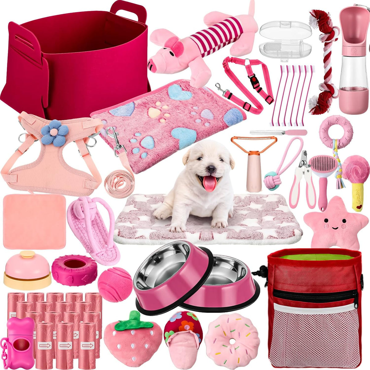 Abbylike 50 Pcs Puppy Supplies Starter Kit for Small Dogs, Pink