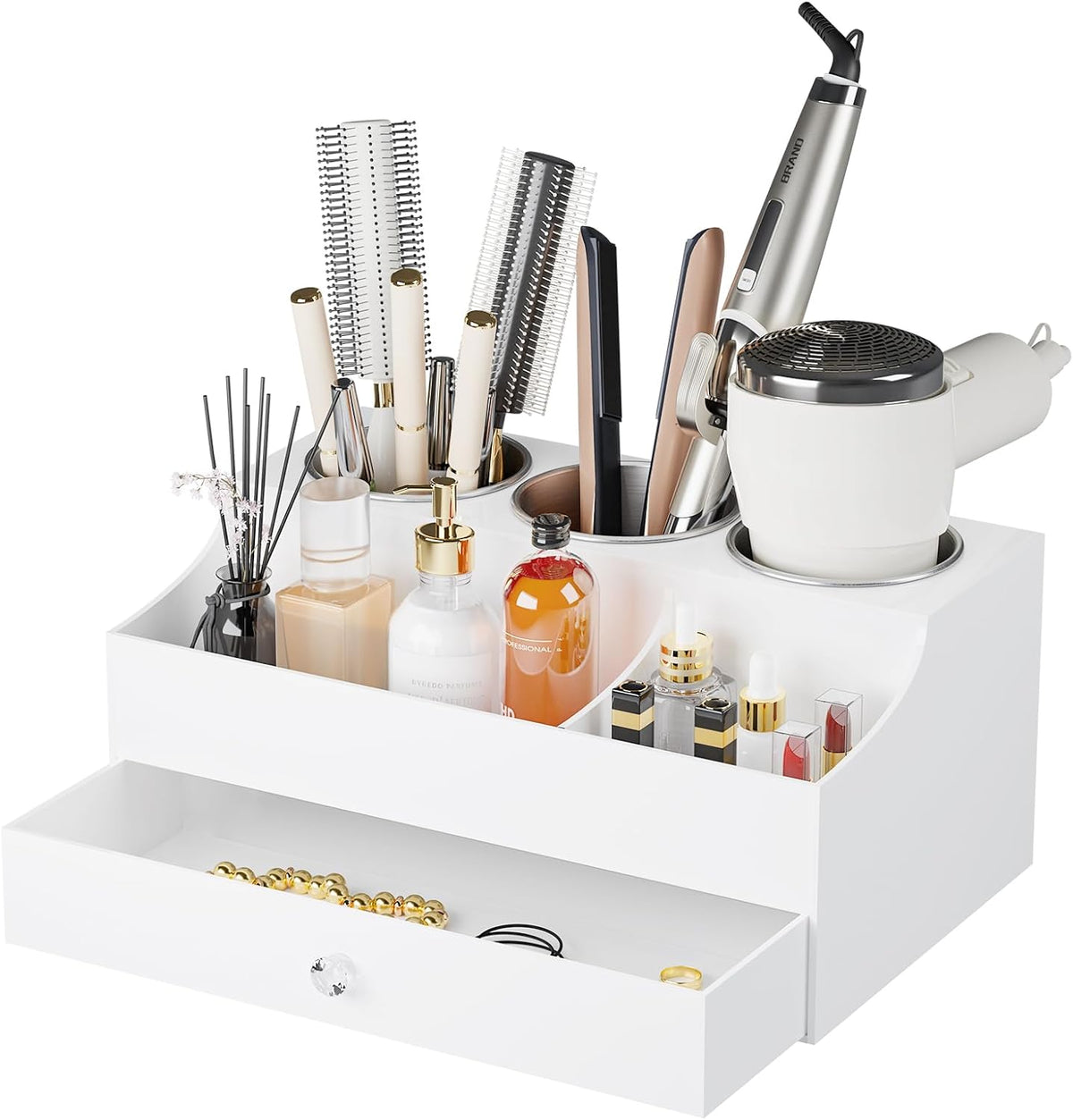 Hair Tool Organizer, Acrylic Hair Blow Dryer Holder Stand for Straightener and Curling Storage, Bathroom Vanity Countertop Organization for Makeup Accessories (White)