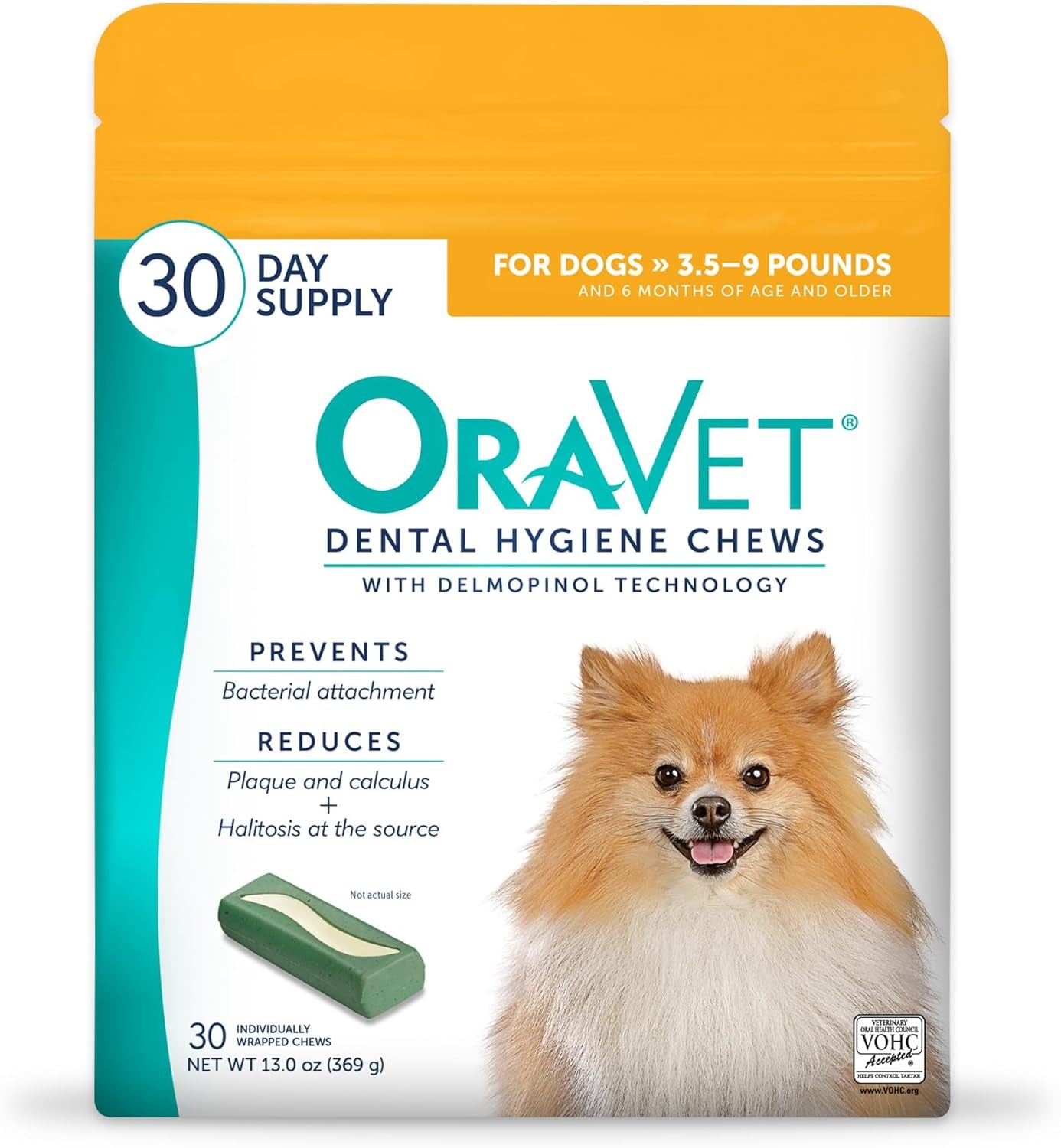 Oravet Dental Chews for Dogs, Oral Care and Hygiene Chews (Extra Small Dogs, 3.5-9 Lbs.) Yellow Pouch, 30 Count