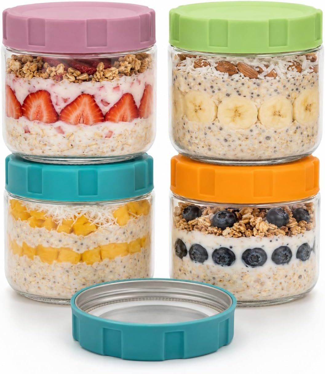 16 Oz 4-Pack Glass Overnight Oats Containers with Plastic and Metal Aluminum Lids, Reusable Food Storage Mason Jars for Meal Prep, Breakfast, Snacks,Salad and Yogurt Parfait (16Oz-4Pack)