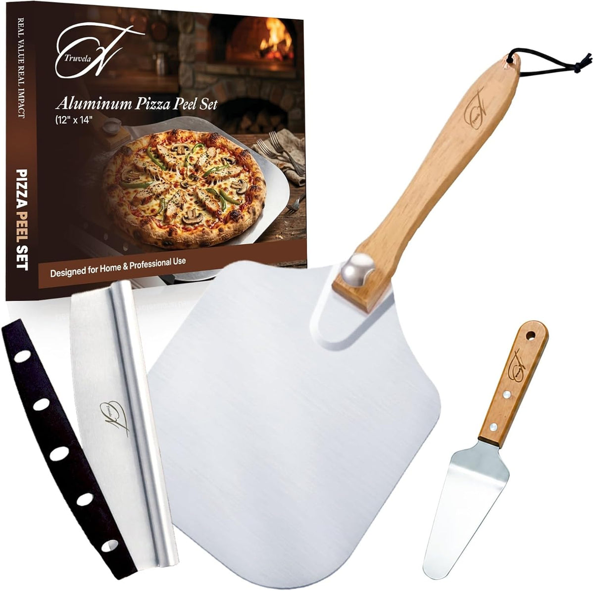 3-PCS Aluminum Pizza Peel Set 12" X 14" – Metal Pizza Paddle with Foldable Wooden Handle, Rocker Pizza Cutter & Serving Spatula, Pizza Oven Accessories for Home Baking