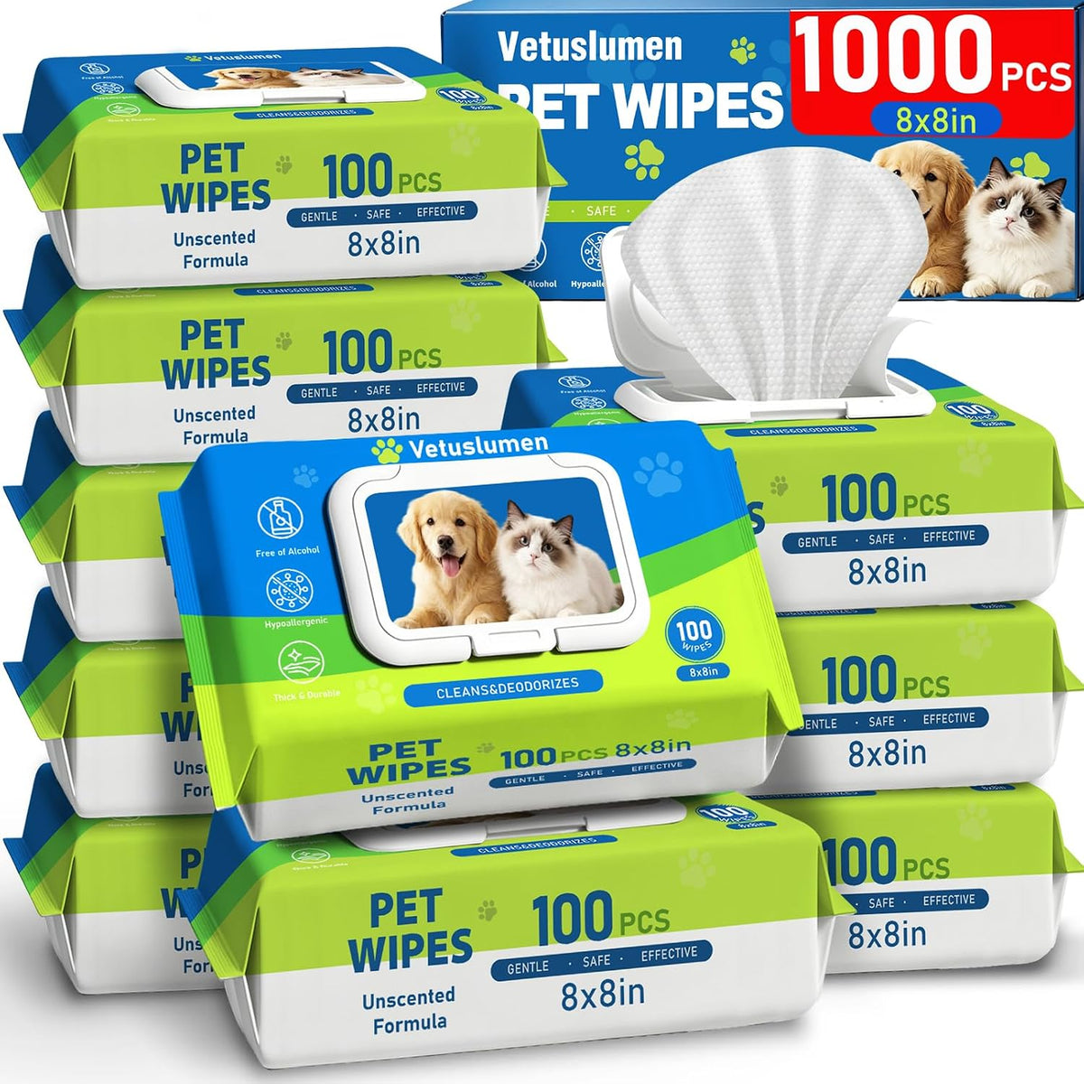 Hypoallergenic Pet Wipes for Dogs & Cats, 1000 Count Unscented