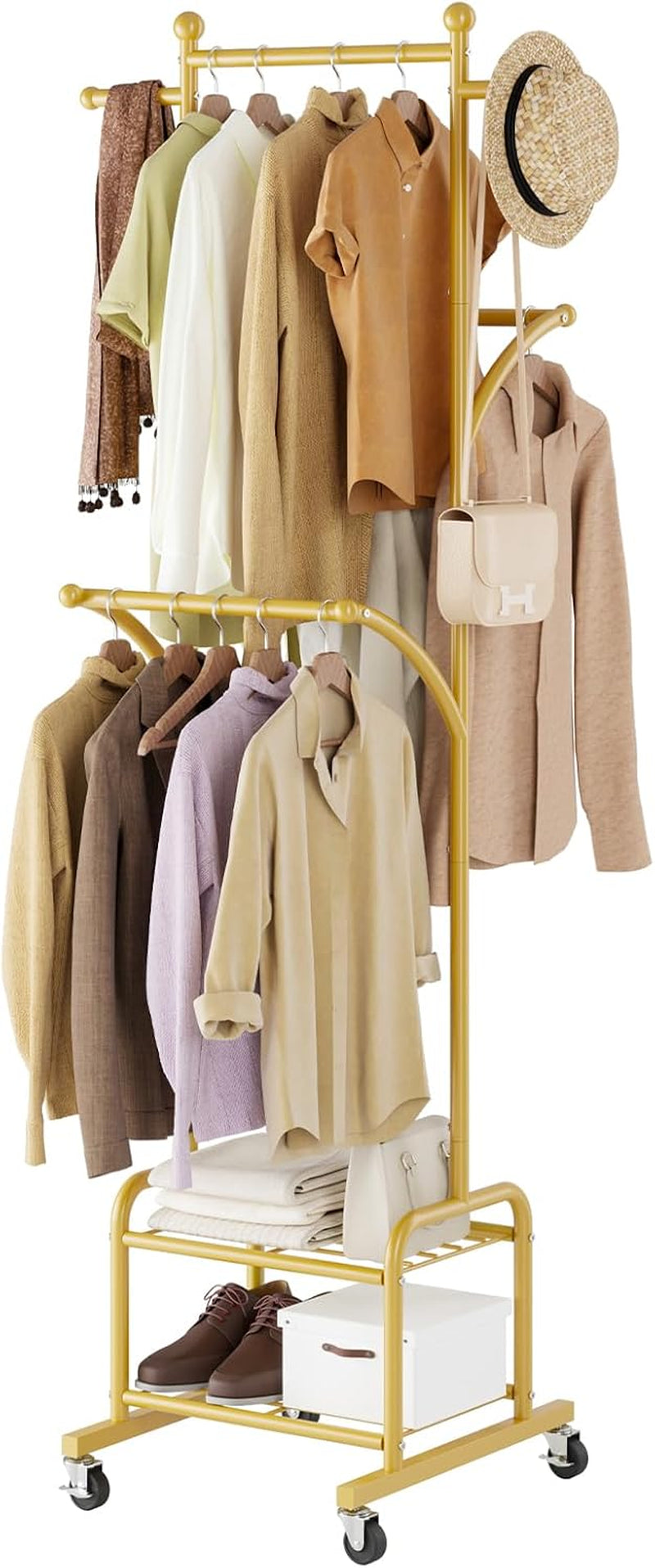 Rolling Clothes Rack with 2 Shelves, Small Gold Clothing Rack with Wheels