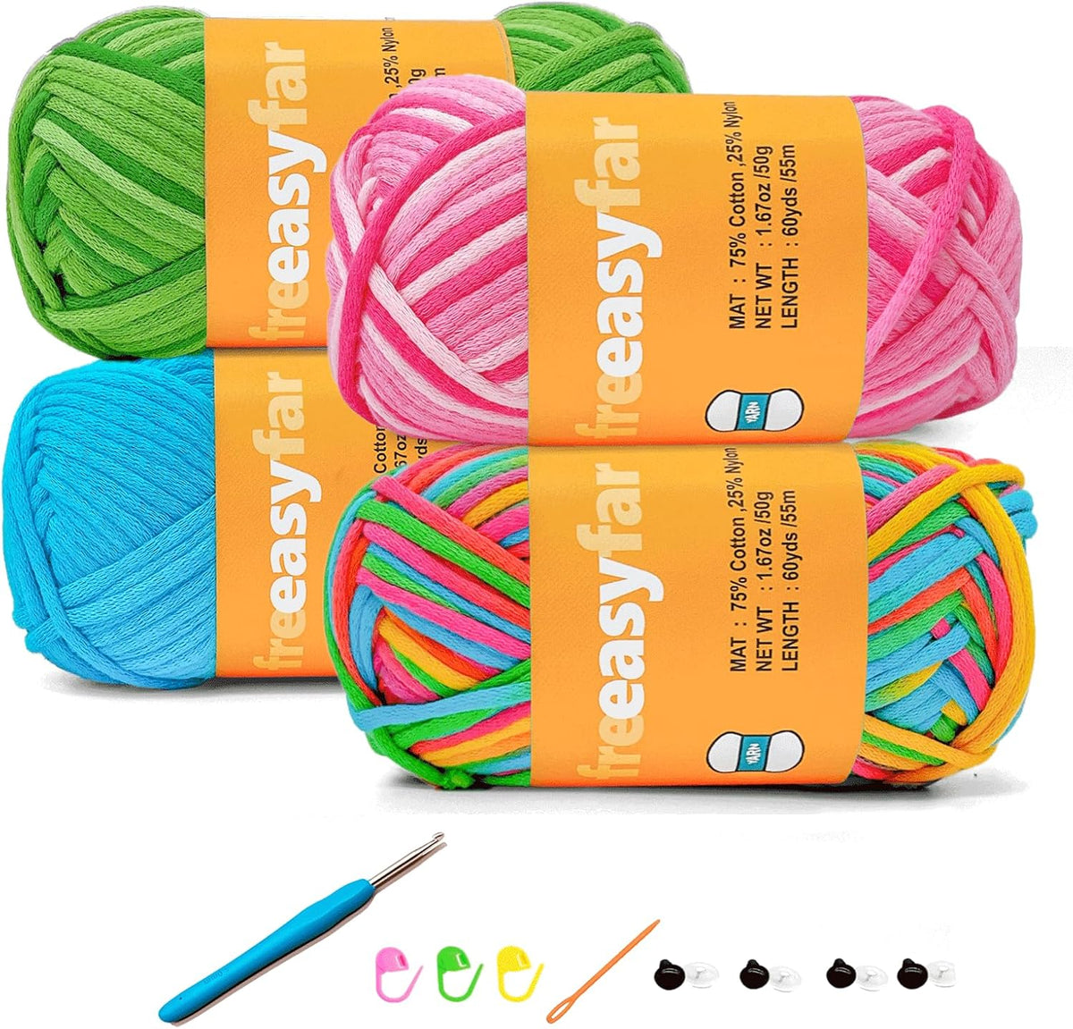 4X50G Beginner Crochet Yarn for Crocheting and Knitting; Beginner Easy Yarn Kit with Tool Set (Rainbow+Strawberry+Lawngreen+Aqua, 4 Skein)