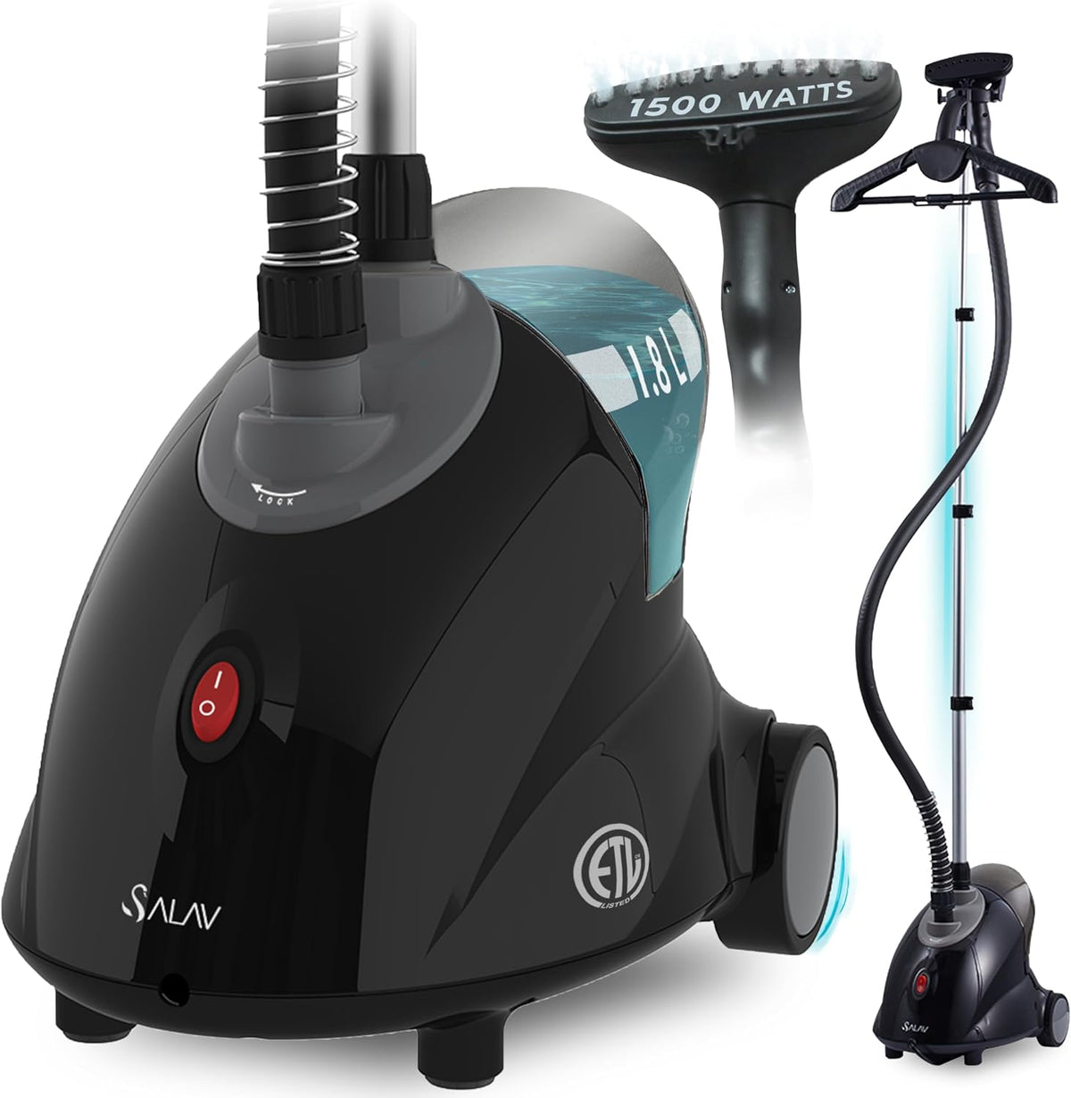 SALAV GS18-DJ Professional Standing Clothes Steamer W/Roll Wheels for Easy Movement, 1.8L Water Tank for 1 Hour Continuous Steaming, Adjustable Pole for Storage, Includes Descaler Packet, 1500 Watts