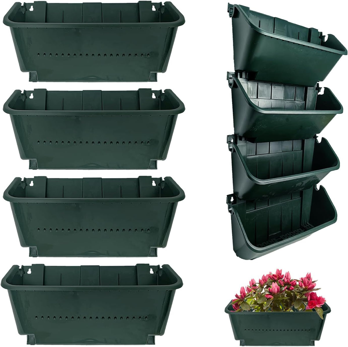 Self-Watering Wall Mounted Planter Set, Indoor and Outdoor Vertical Planter, Stackable Wall Mounted, for Balcony Decoration(Blackish Green 4 Pack)