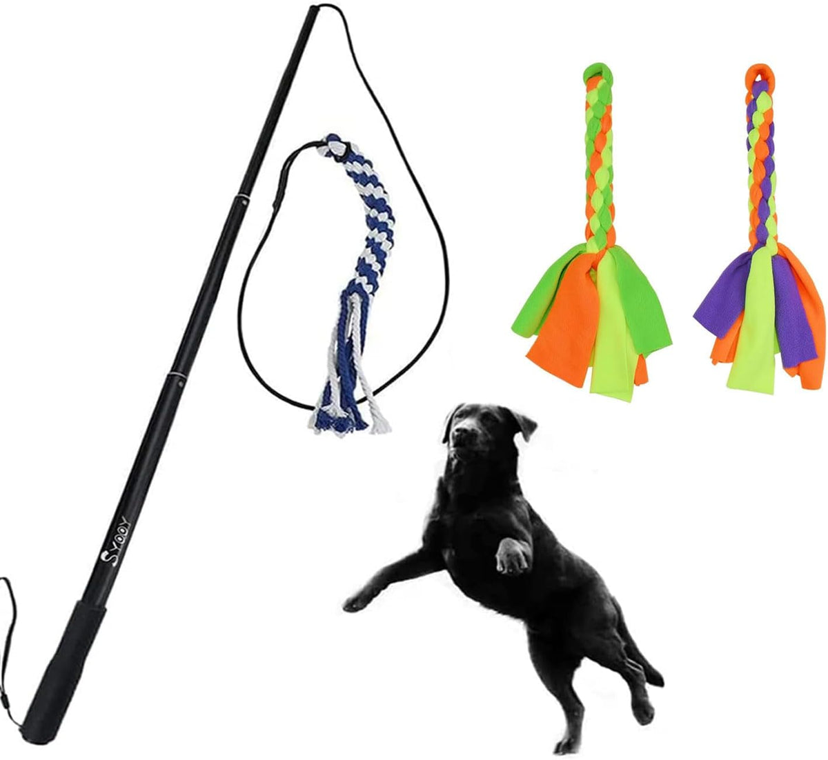 Flirt Pole for Dogs, Interactive Teaser Wand with 1 Fleece and 2 Pack Dog Fleece Rope Toy for Chase and Tug of War, Durable for Large & Medium Dogs, Outdoor Exercise & Training