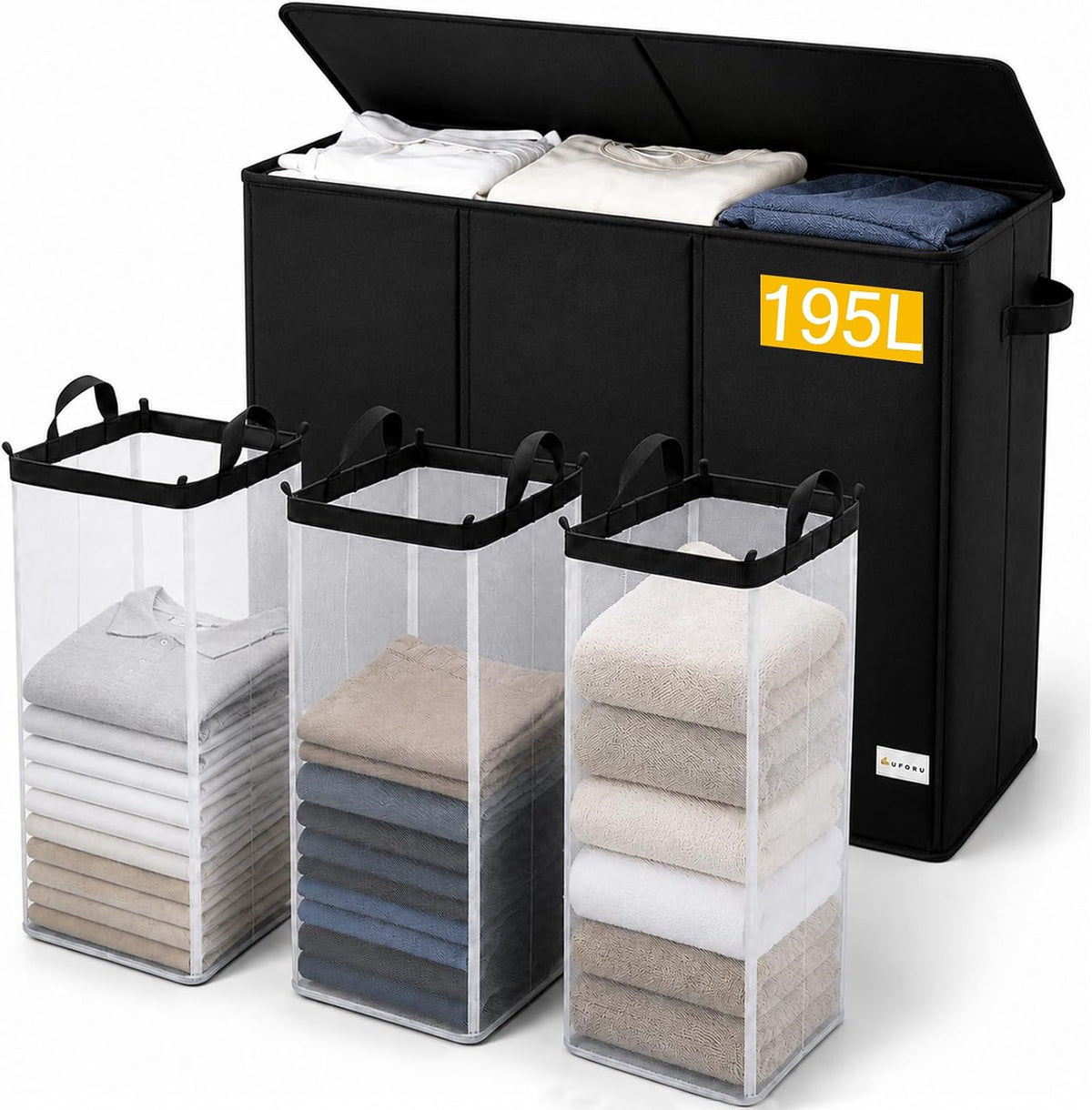 UFORU 195L 3 Section Laundry Hamper with Lid for Bedroom Dorm Laundry Room