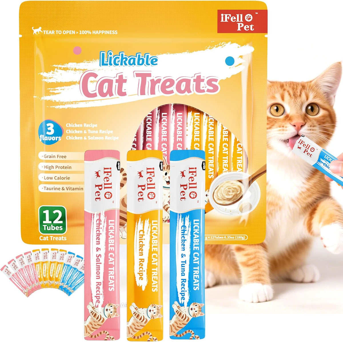 IFELLO Cat Treats, High-Meat High-Moisture Lickable Cat Treats, Variety Pack – Real Chicken & Seafood – Silky Creamy Purée – Grain-Free (15G Each | 12 Tubes)
