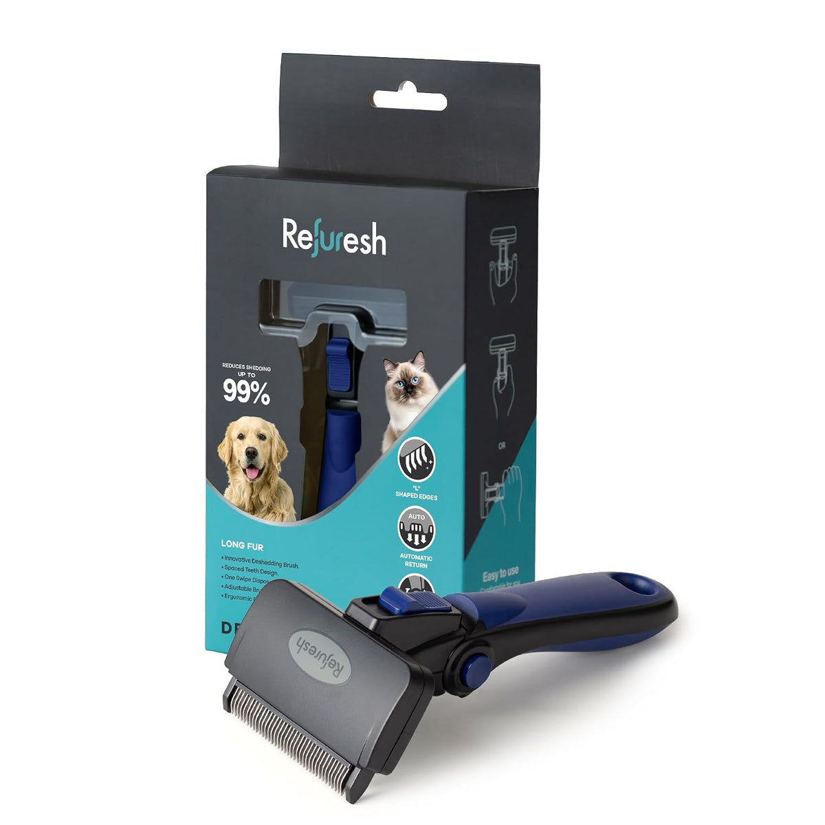 Deshedding Brush for Long Hair Dogs & Cats (Medium,Blue) | Deshedding Dog Brush for Shedding | Cat Brush for Shedding | Removes Dead Undercoat