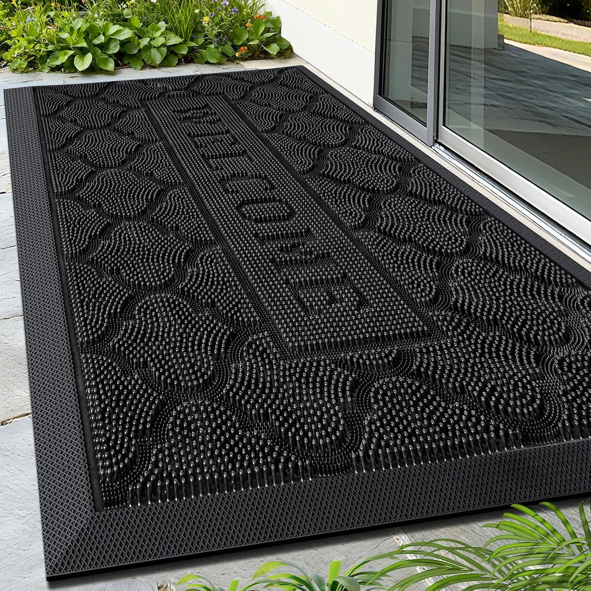 FRAMICS Welcome Mats for Front Door, 17"X30" Rubber Doormat Non Slip, Black