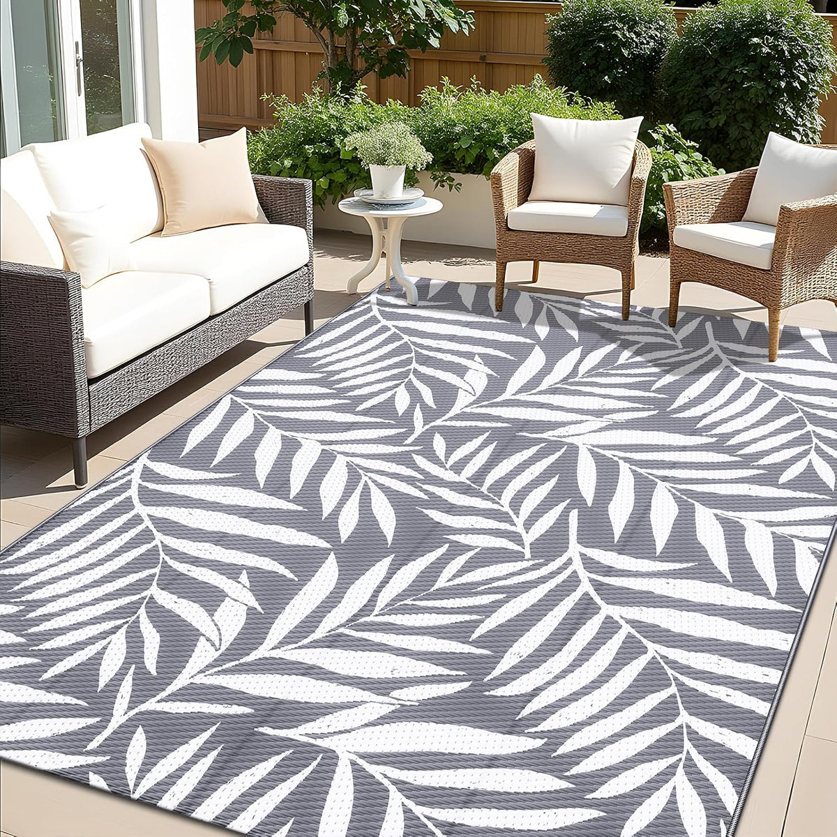 OLANLY Outdoor Rug 5X8 Ft Waterproof Reversible Leaf Mat, Grey & White
