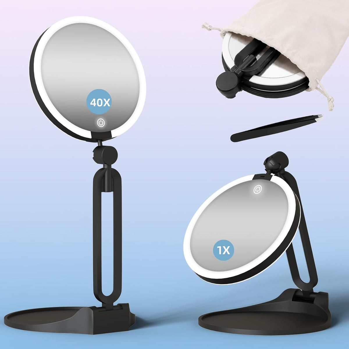 Double Sided 1X/40X Travel Magnifying Makeup Mirror with Light, Foldable