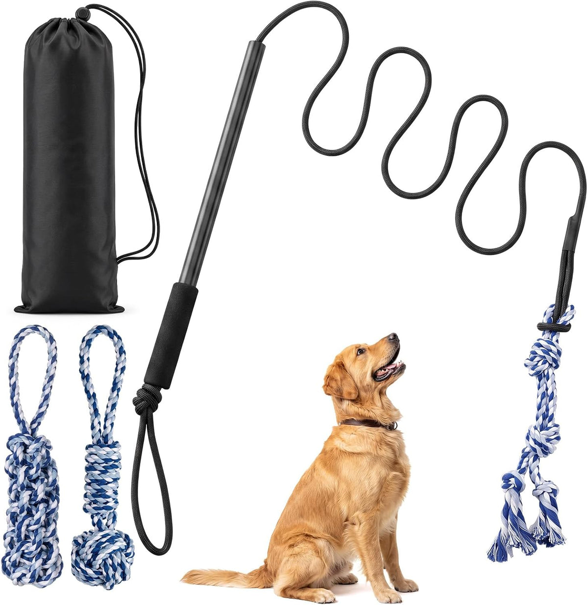 Hsei Flirt Pole for Dogs with 3 Replacement Ropes, Retractable Tug Toy