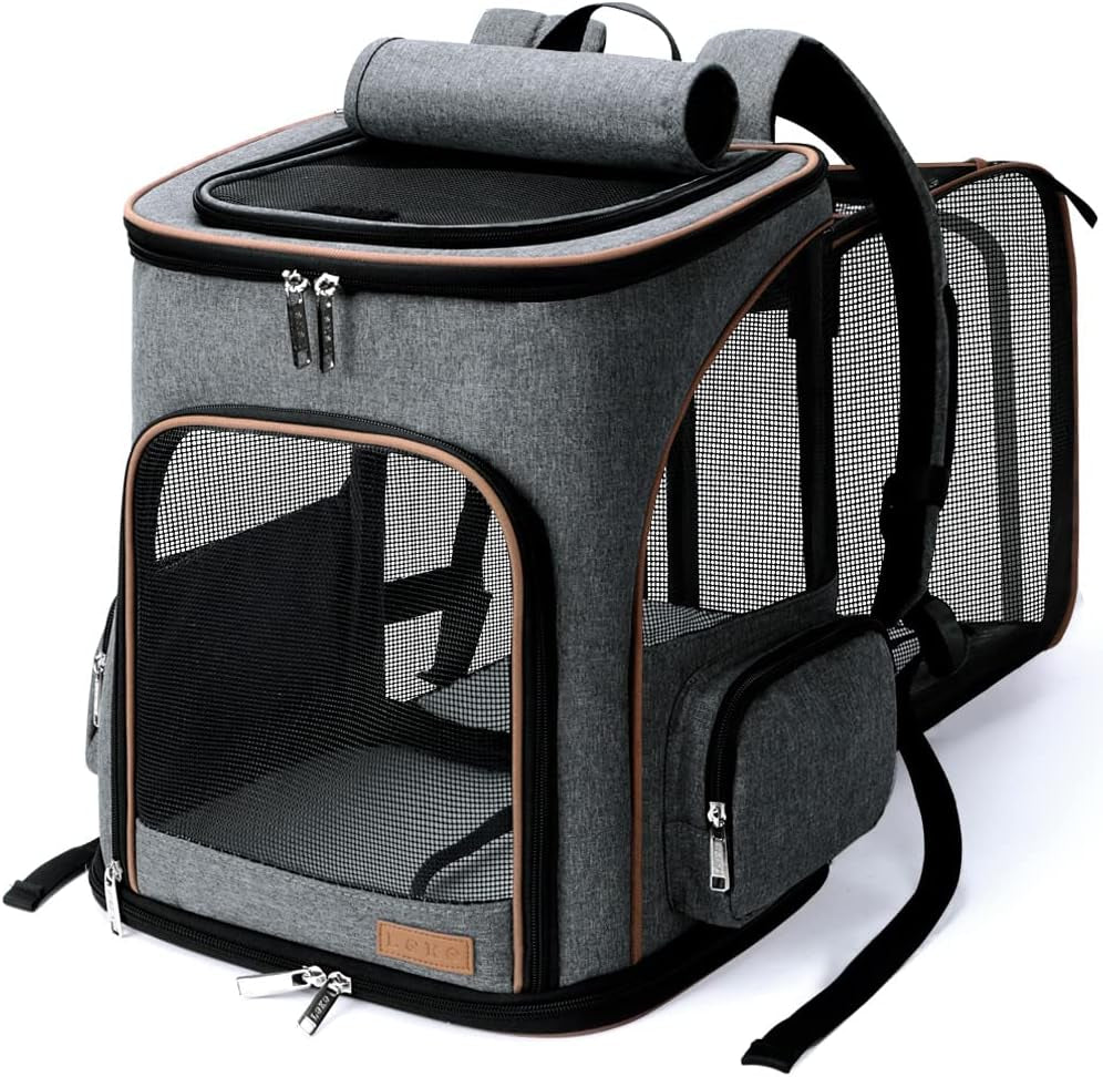 Lekereise Pet Carrier Backpack Expandable Cat Backpack Carrier for Small Dogs Large Cats Puppies, Dog Backpack Carrier for Hiking Travel Outdoor Hold Pets up to 20 25 Lbs, Grey