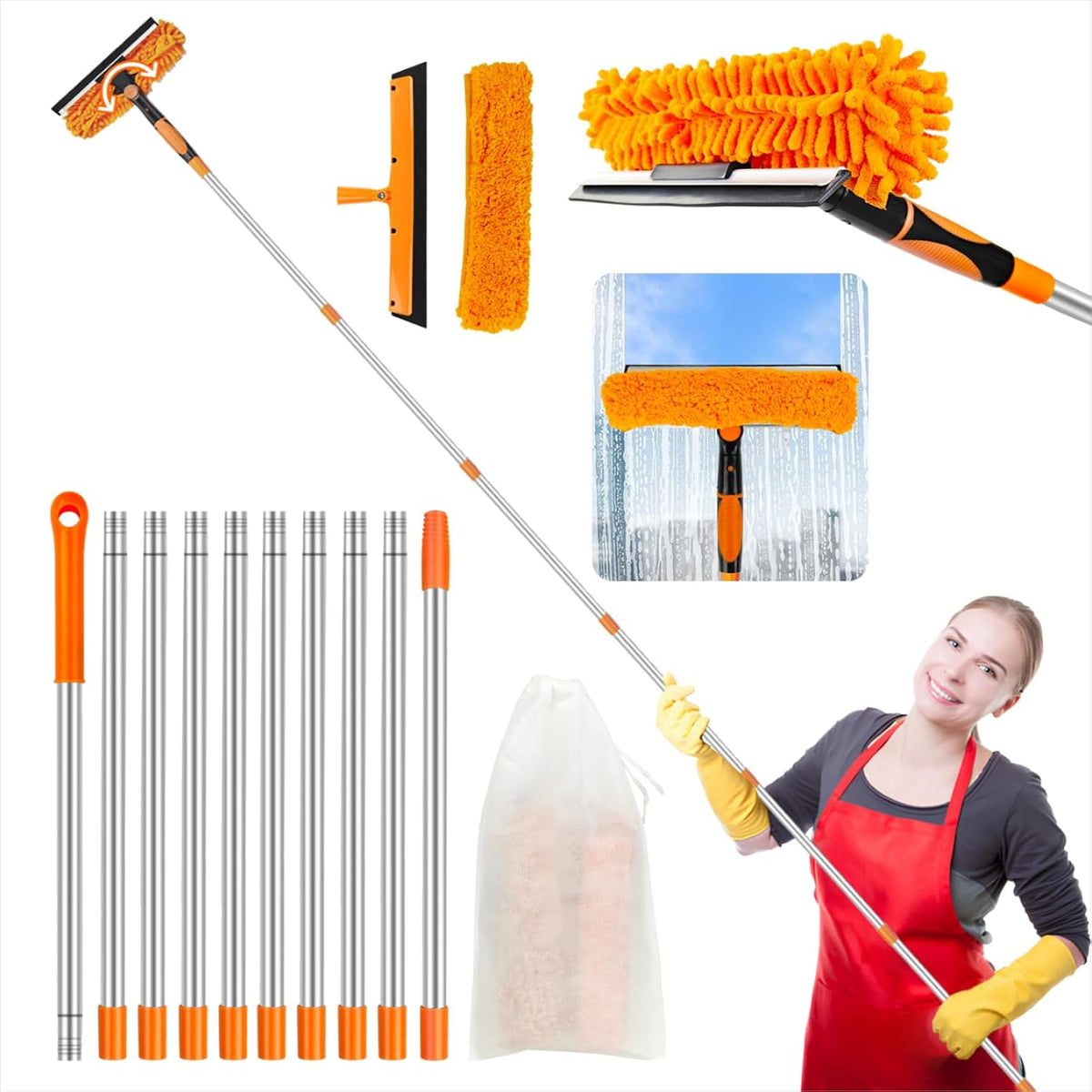 Window Washing Kit with Extension Pole: 3 in 1 Double-Sided Professional
