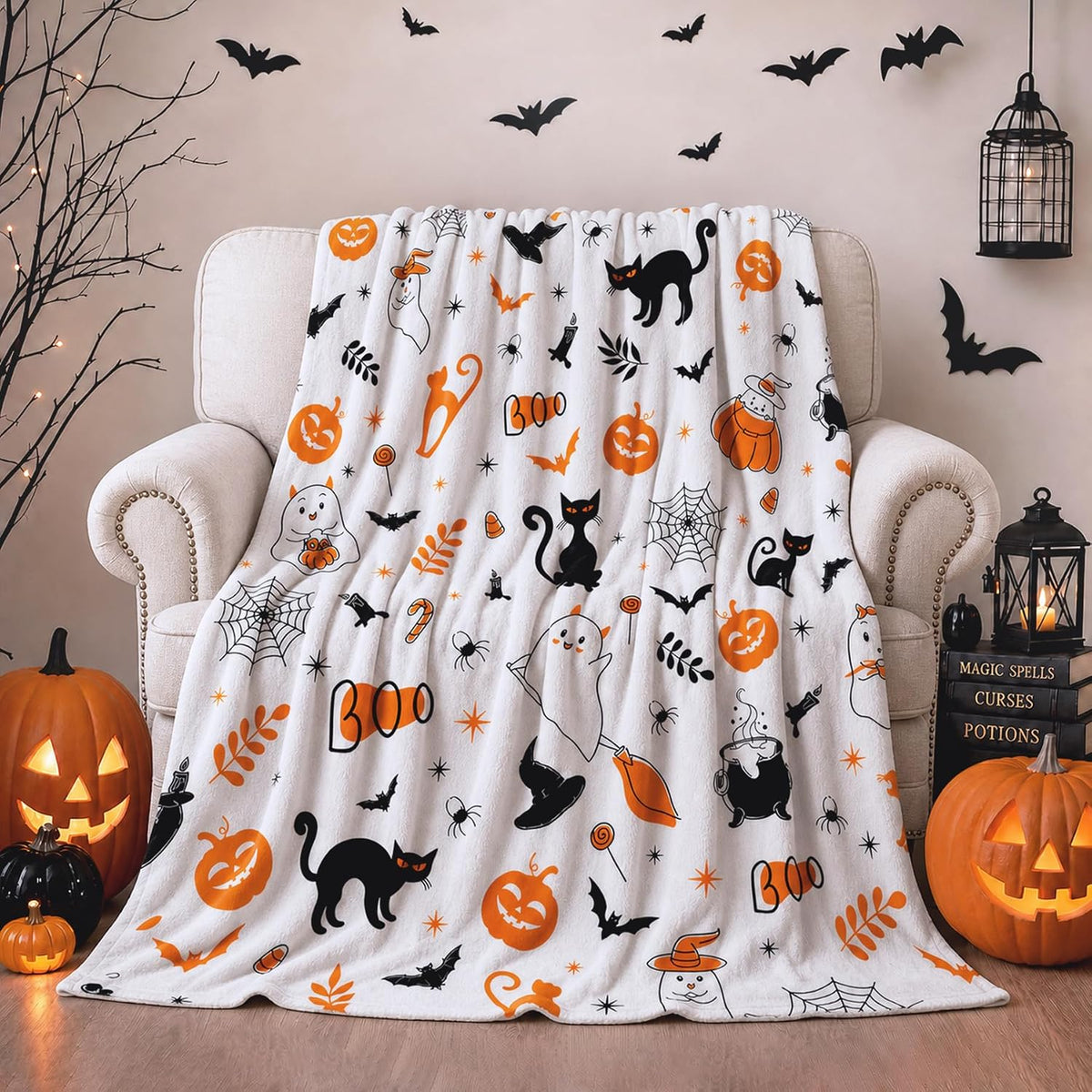 Mocsicka Halloween Blanket Cat Pumpkin Boo Throw Blanket(White, 50X59 Inch)