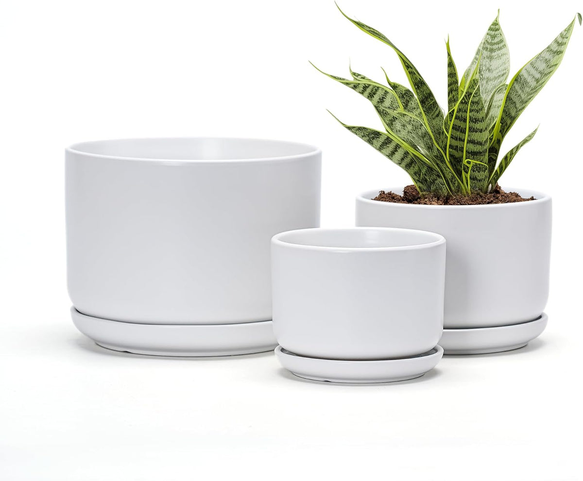 White Plant Pots,Ceramic Flower Pots Set of 3 with Drainage Holes(Matte)
