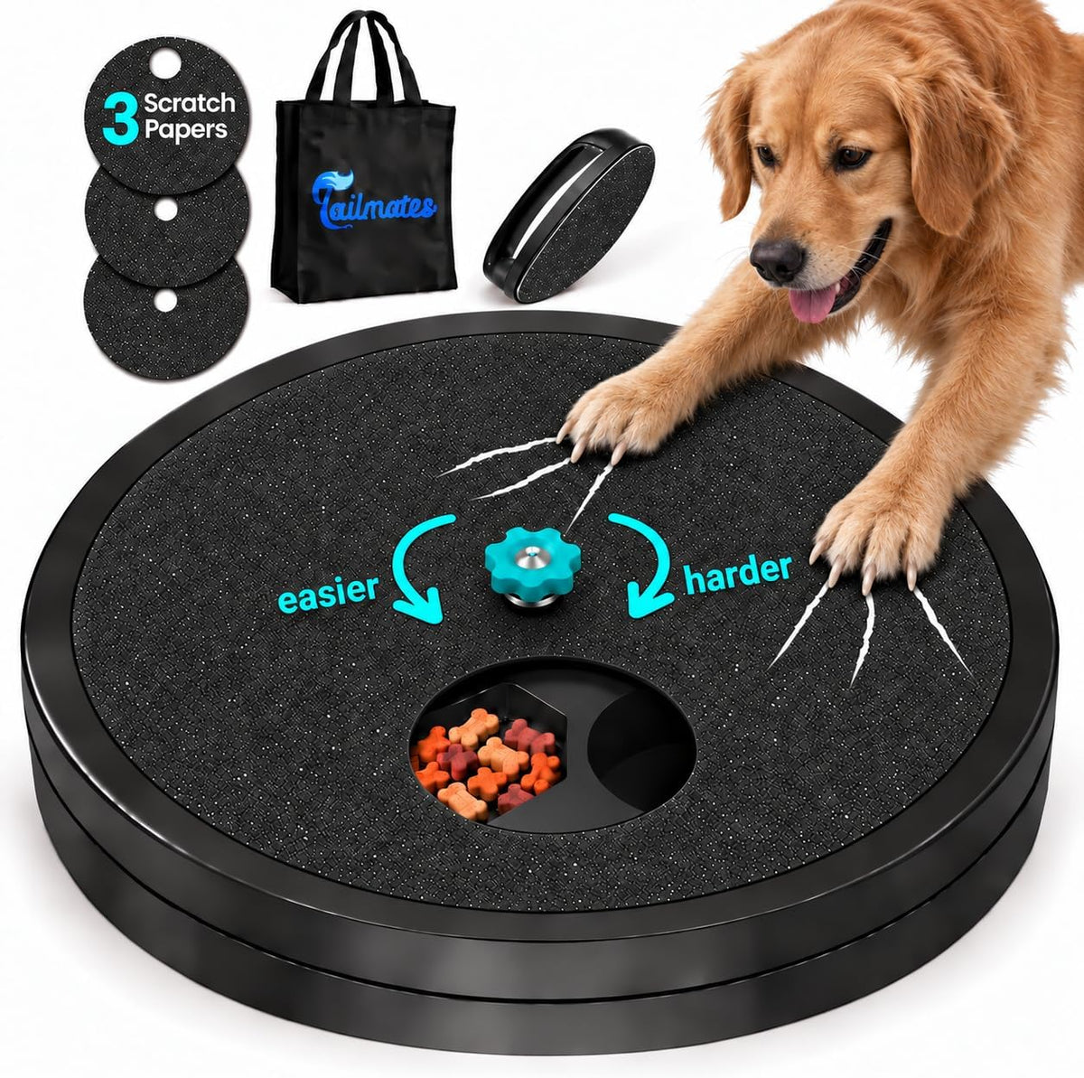 Dog Nail Scratch Board with Treats for Medium & Large Dogs 25Lb+ – Spinning Filing Disk with Handheld Filer for Back Nails & Dewclaws, Adjustable Difficulty, 3 Replacement 80-Grit Discs